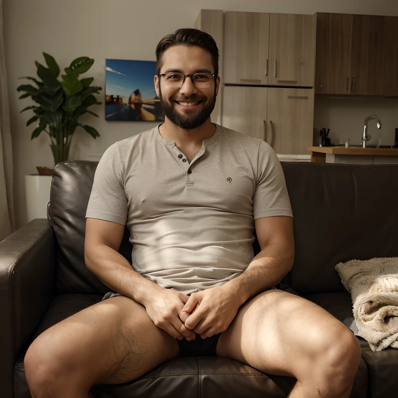 Smiling man with glasses and full beard, with camera, Sitting in the video editing chair