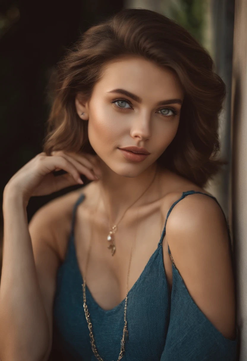 a beautiful young woman in a gray dress, hugging herself, alone in a gray background, introspective expression, medium bust size, detailed facial features, cinematic lighting, photorealistic, highly detailed, 8k, (best quality:1.2),(realistic:1.37)
