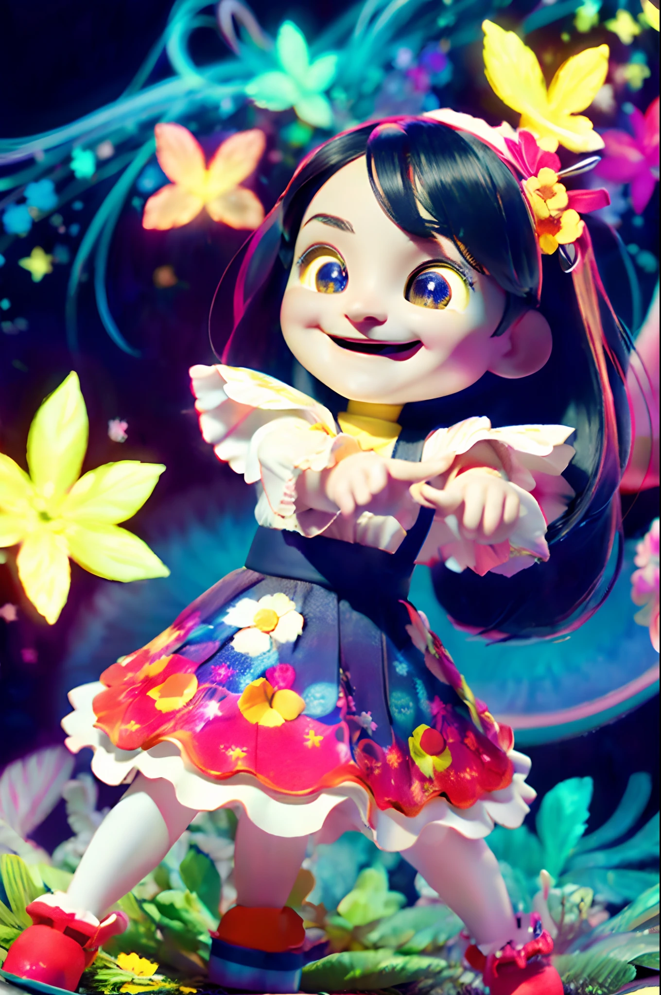Extremely detailed,(Fractal Art:1.1),(Colorful:1.1)(Flowers:1.3)、 (Dynamic Pose), (Abstract background:1.3)、(Many colors:1.4)、Place one small doll on a circular stand、kawaii pose、A smile、A dark-haired、Chibi Doll、Stars in the eyes(kirakira)、Singing with microphone in hand、Eye Up、Laugh、Cute red shoes、Ultra Detail, radiant light、bio luminescent、Stronger bokeh effect、Taken from the side