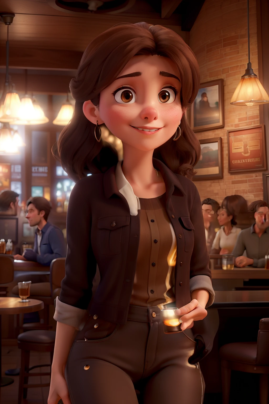 (best quality,4k,highres,masterpiece:1.2),ultra-detailed,realistic:1.37,portrait,stunning young woman,beautiful detailed eyes,beautiful detailed lips,medium brown hair,brilliant brown eyes,dressed in jeans and a black blouse,enjoying a beer in a New York bar,modern urban setting,vibrant city lights,cozy atmosphere,gentle background music,faint aroma of coffee,condensed water droplets on the glass,reflections on the beer foam,subtle smile on her face,sitting at the bar counter,chatting with the bartender,people chatting in the background,stylish interior decor,exquisite bar counter,wooden furniture with a touch of vintage,soft warm lighting,drinks displayed on the shelves,display of beer taps,artistic abstract paintings on the walls,inviting ambiance,sense of relaxation and joy,toasted dark beer color,subtle hints of chocolate and caramel flavors,an intimate moment frozen in time,alluring and intriguing composition.