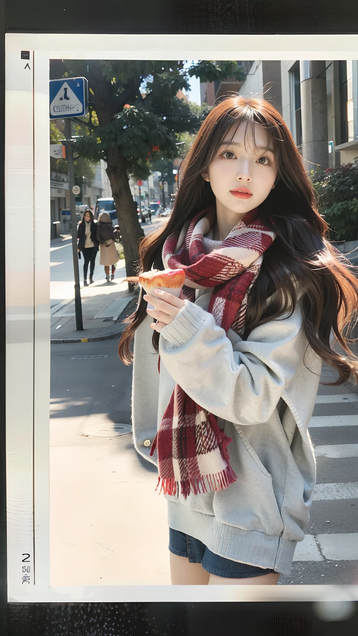 Photo of a woman holding a doughnut on a city street, ulzzangs, Scarf, tartan scarf, bae suzy, sakimichan, inspirado por Kim Jeong-hui, Korean girl, Red scarf, 🍁 Cute, patterned scarf, korean women's fashion model, inspired by Ma Yuanyu, H 576, tzuyu from twice