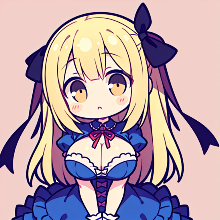 Cute,kawaii,innocent,bright eyes,rosy cheeks, ribbons, frilly dress,1 head body ratio, youthful, plain background, large breasts, cleavage window