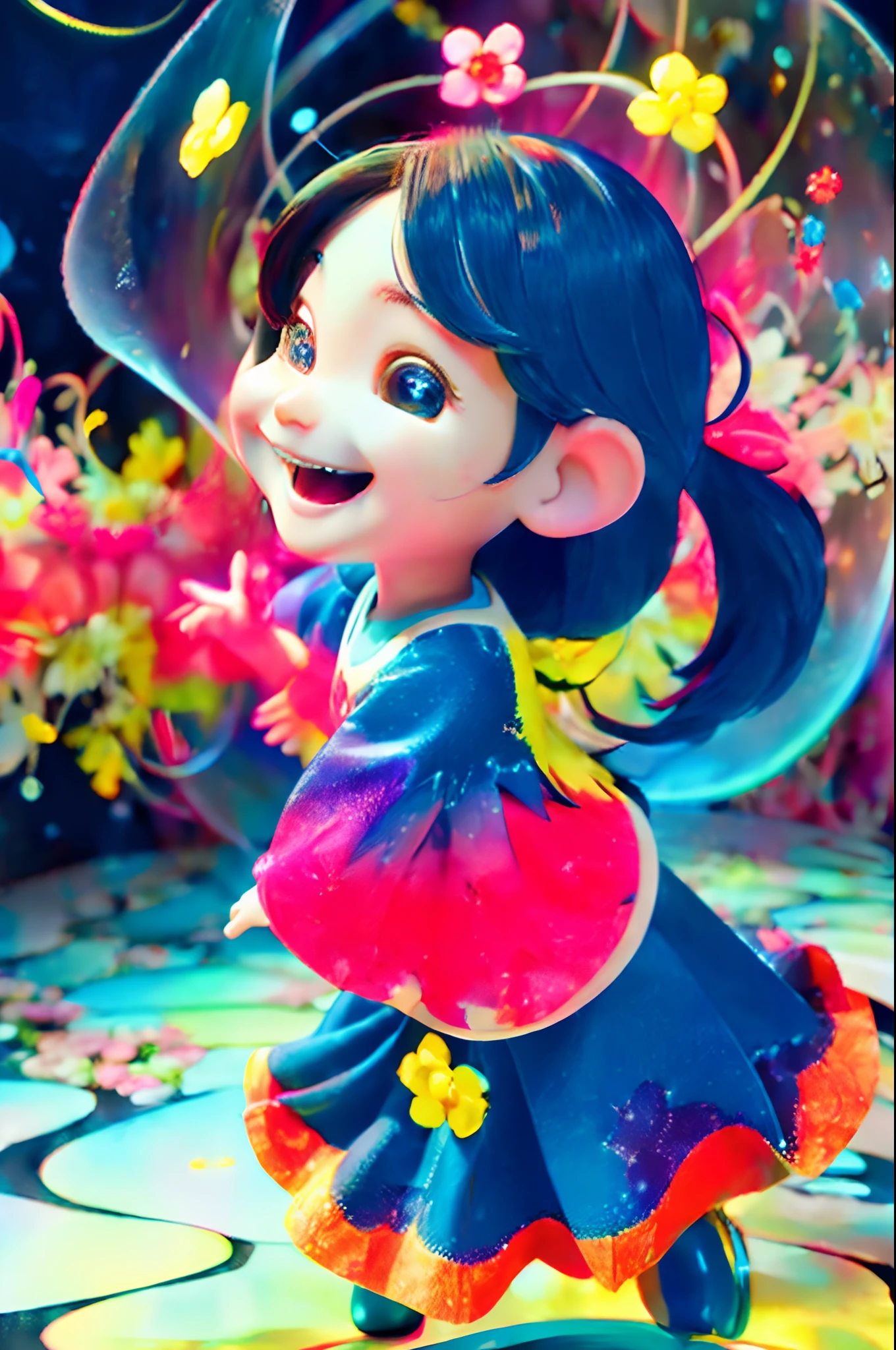 Extremely detailed,(Fractal Art:1.1),(Colorful:1.1)(Flowers:1.3)、 (Dynamic Pose), (Abstract background:1.3)、(Many colors:1.4)、Place one small doll on a circular stand、kawaii pose、A smile、A dark-haired、Chibi Doll、Stars in the eyes(kirakira)、Singing with microphone in hand、Eye Up、Laugh、Cute red shoes、Ultra Detail, radiant light、bio luminescent、Stronger bokeh effect、Taken from the side