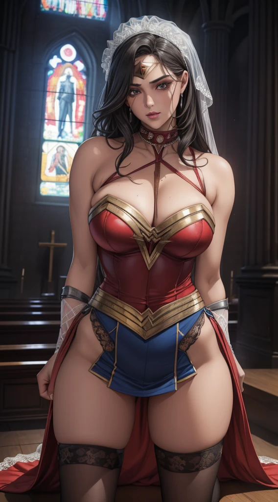 ((Vista posterior)), ((Lleva bragas negras de encaje)), (Lleva tacones de aguja) ((Your blouse is tattered, Your mesh is tattered, His uniform is tattered, His costume is tattered, Your clothes are in tatters)), ((SUPERHEROINE Wonder Woman half-crouched in prison)), ((veces, puta, prostituta, Perra)) Is sweaty all over her body. She's screaming in terror, She's terrified., He's crying a lot. ((Ella tiene el pelo negro, Ella tiene el pelo largo)), ((Wears a white lace net belt.........)), ((Llevar un collar de metal grueso alrededor del cuello )) Ella grita y suplica misericordia, Ella rompe a llorar. Llevar un collar de metal grueso alrededor del cuello con una cadena. Usar maquillaje pesado en la cara. (Tu ropa es inmoral, Tu ropa es indecente). Shibari, arms behind back:1.4), (manos en la espalda), (obra-prima, mejor calidad) 1.5, 1girl, solo, (sexy, Hermosa mujer, Cara perfecta, ojos perfectos) cuerpo completo, ((Shibari)), ((arms behind back:1.4)), ((manos en la espalda)) ((Bondage de cuerdas)), ((arms behind back)), ((totalmente amarrado)), ((Strong Containment)), ((cabello negro)). ((high definition face)), (((She's dressed as a bride at the altar in the church, Velo y guirnalda, They're forcing her to marry)))