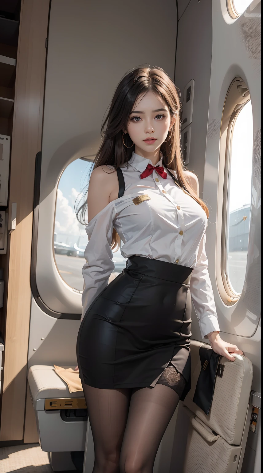 （From the outside） ， Many colors，best qualtiy，8K，Real Photographics，Delicate skin details，tmasterpiece，photos realistic，intricate-detail，RAW photogr,in an airplane，ssmile，florals，Stewardess，sockes,extra long hair，cropped shoulders，delicated face，Hainan Airlines，Professional attire of flight attendants，Manteau，skirt by the，ornamented，Perfect Finger，Dissection is correct，(Large room，0.8)，Big Cuby hips，shiny skins，Shooting from front