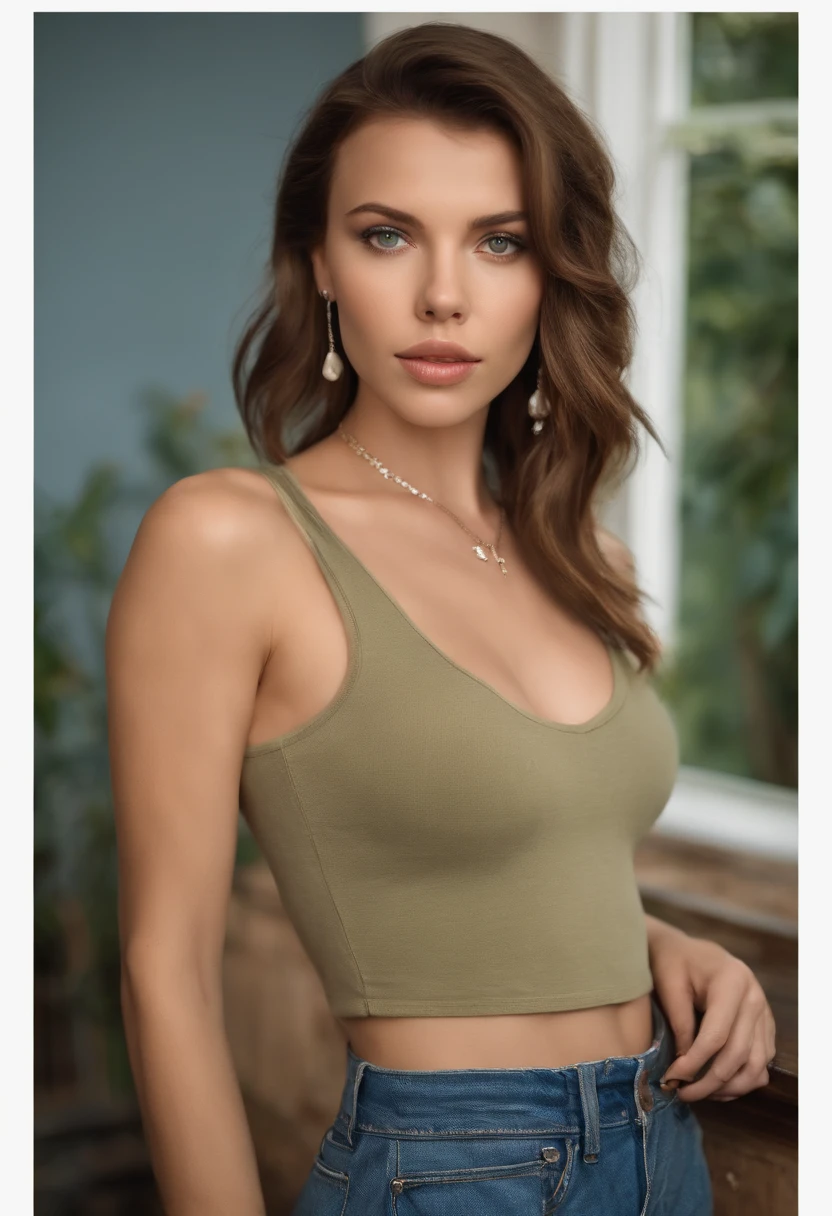 arafed woman with a white tank top and a necklace, sharing drinks with friends, sexy girl with green eyes, portrait, Scarlett Johansson, brown hair and large eyes, selfie of a young woman, bedroom eyes, Lana Del Ray, without makeup, natural makeup, looking directly at the camera, face with artgram, subtle makeup, stunning full body shot, piercing green eyes, beautiful angle, attractive pose, cute girl, brunette goddess, high detail, satisfied pose, wearing blue skirt, small mole on the left side of her chest, full lips