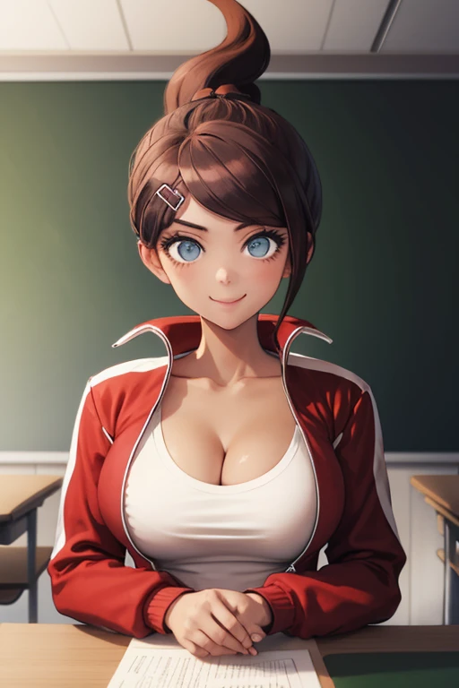 masterpiece, best quality, asahina aoi, hairclip, red jacket, cleavage, white tank top, short shorts, upper body, large breasts, smile, classroom, looking at viewer