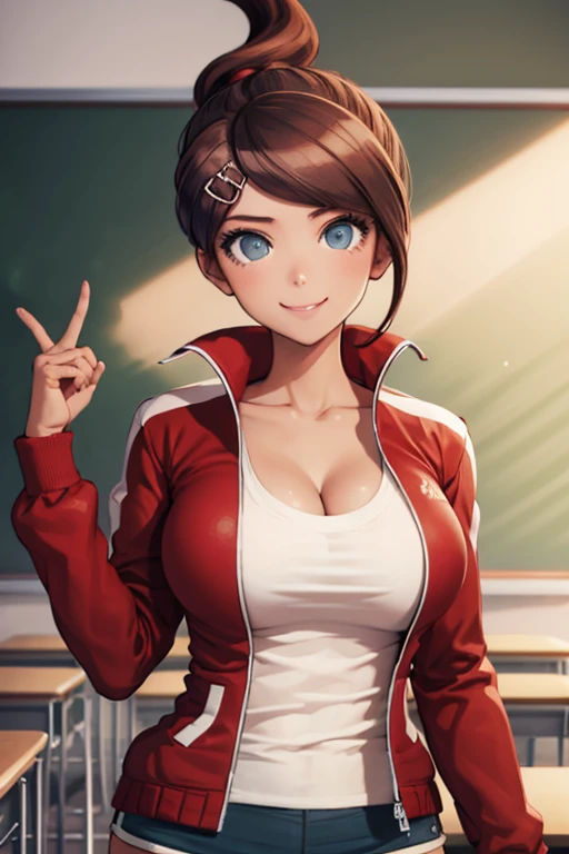 masterpiece, best quality, asahina aoi, hairclip, red jacket, cleavage, white tank top, short shorts, upper body, large breasts, smile, classroom, looking at viewer