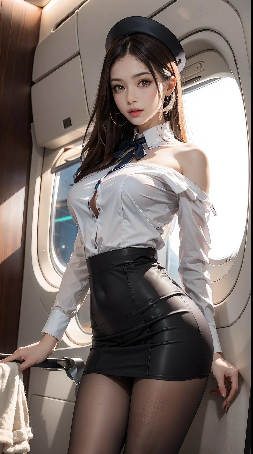 （From the outside） ， Many colors，best qualtiy，8K，Real Photographics，Delicate skin details，tmasterpiece，photos realistic，intricate-detail，RAW photogr,in an airplane，ssmile，florals，Stewardess，sockes,extra long hair，cropped shoulders，delicated face，Hainan Airlines，Professional attire of flight attendants，Manteau，skirt by the，ornamented，Perfect Finger，Dissection is correct，(Large room，0.8)，Big Cuby hips，shiny skins，Shooting from front