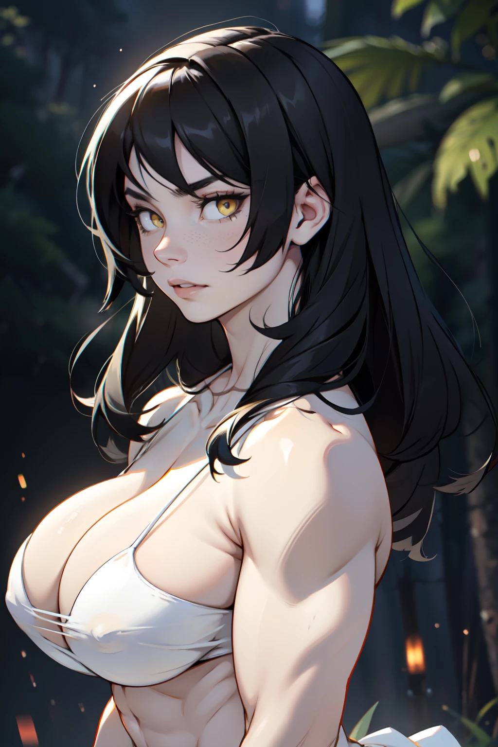 (muscular girl) huge breasts black hair yellow eyes pale skin bokeh