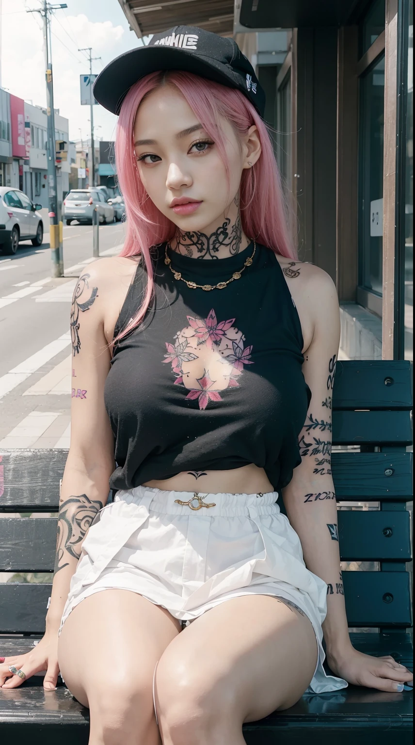 27 years old, gorgeous cute Nigerian girl, smirk, blond woman sitting on a bench in a public place, she is wearing streetwear, portrait a woman like reol, roseanne park of blackpink, japanese streetwear, by Oka Yasutomo, sun yunjoo, junko enoshima, ulzzang, model エリサヘス s from acquamodels, portrait of jossi of blackpink,
( black skinned woman), sweating, good young girl, (masterpiece:1.0),(best_quality:1.0), ultra high res,4K,ultra-detailed, photography, 8K, HDR, highres, absurdres:1.2, Kodak portra 400, blurry background, bokeh, lens flare, (vibrant_color:1.2),professional photograph,(the_tattoo:1.5),(Beautiful,large_Breasts), (beautiful_face:1.5),(narrow_waist).