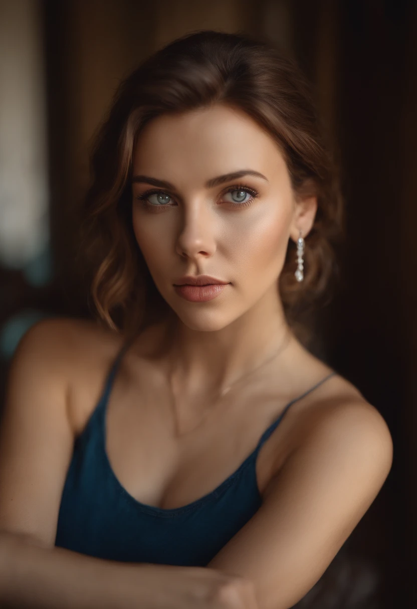 woman with a white tank top and a necklace, sharing drinks with friends, sexy girl with green eyes, portrait, Scarlett Johansson, brown hair and large eyes, selfie of a young woman, bedroom eyes, Lana Del Ray, without makeup, natural makeup, looking directly at the camera, face with artgram, subtle makeup, stunning full body shot, piercing green eyes, beautiful angle, attractive pose, cute girl, brunette goddess, high detail, satisfied pose, wearing blue skirt, small mole on the left side of her chest, full lips, medium breast