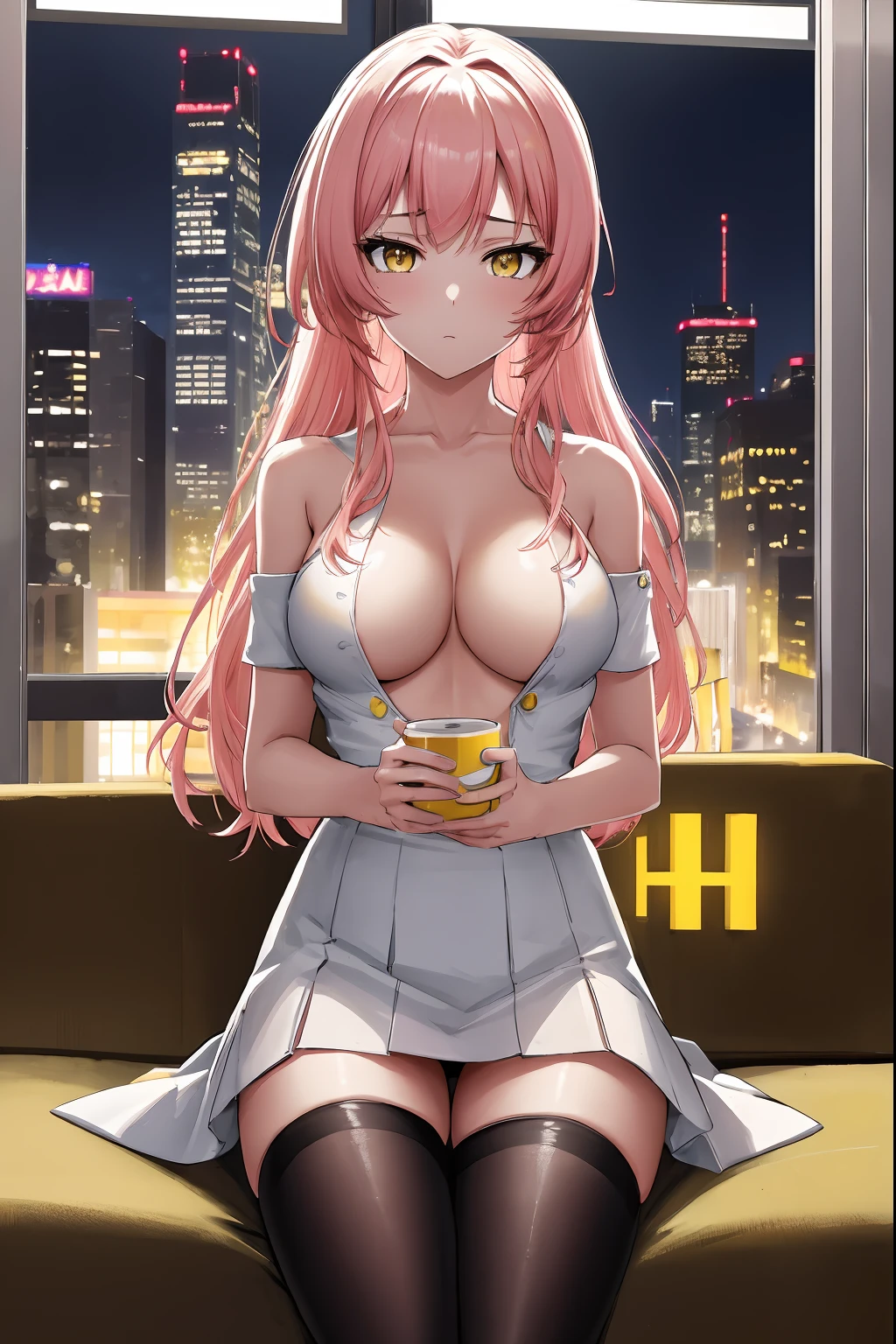 (Night:1.7), Cyberpunk_CityView, Before Window,in front of a wall with a clock,
sitting at attention,sitting on couch,
white shirt,yellow skirt,collarbone, cleavage, puffy_short_sleeves,thighhighs, White legwear, no_bra,
mika jougasaki, hair bow, long hair, pink hair, (yellow eyes:1.5),
1 girl, 20yo,young female,Beautiful Finger,Beautiful long legs,Beautiful body,Beautiful Nose,Beautiful character design, perfect eyes, perfect face,
looking at viewer, (innocent_big_eyes:1.0),(expressionless:1.3),
NSFW,official art,extremely detailed CG unity 8k wallpaper, perfect lighting,Colorful, Bright_Front_face_Lighting,
(masterpiece:1.0),(best_quality:1.0), ultra high res,4K,ultra-detailed,
photography, 8K, HDR, highres, absurdres:1.2, Kodak portra 400, film grain, blurry background, bokeh:1.2, lens flare, (vibrant_color:1.2)
(Beautiful,medium_Breasts:1.4), (beautiful_face:1.5),(narrow_waist),(perfect hands, perfect anatomy),