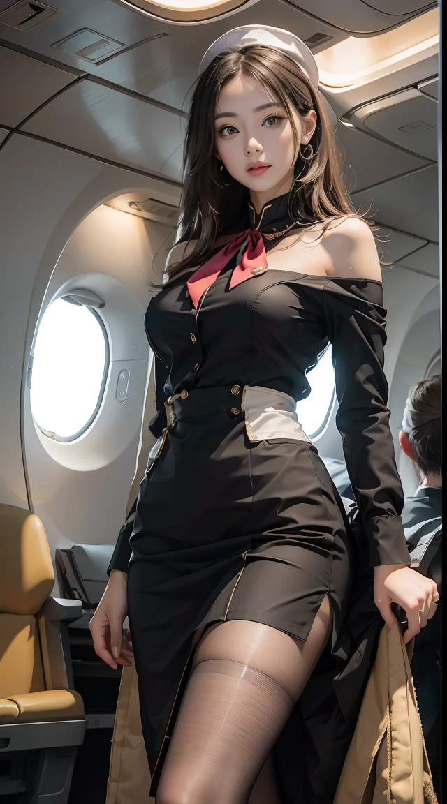 （From the outside） ， Many colors，best qualtiy，8K，Real Photographics，Delicate skin details，tmasterpiece，photos realistic，intricate-detail，RAW photogr,in an airplane，ssmile，florals，Stewardess，sockes,extra long hair，cropped shoulders，delicated face，Hainan Airlines，Professional attire of flight attendants，Manteau，skirt by the，ornamented，Perfect Finger，Dissection is correct，(Large room，0.8)，Big Cuby hips，shiny skins，Shooting from front、smil