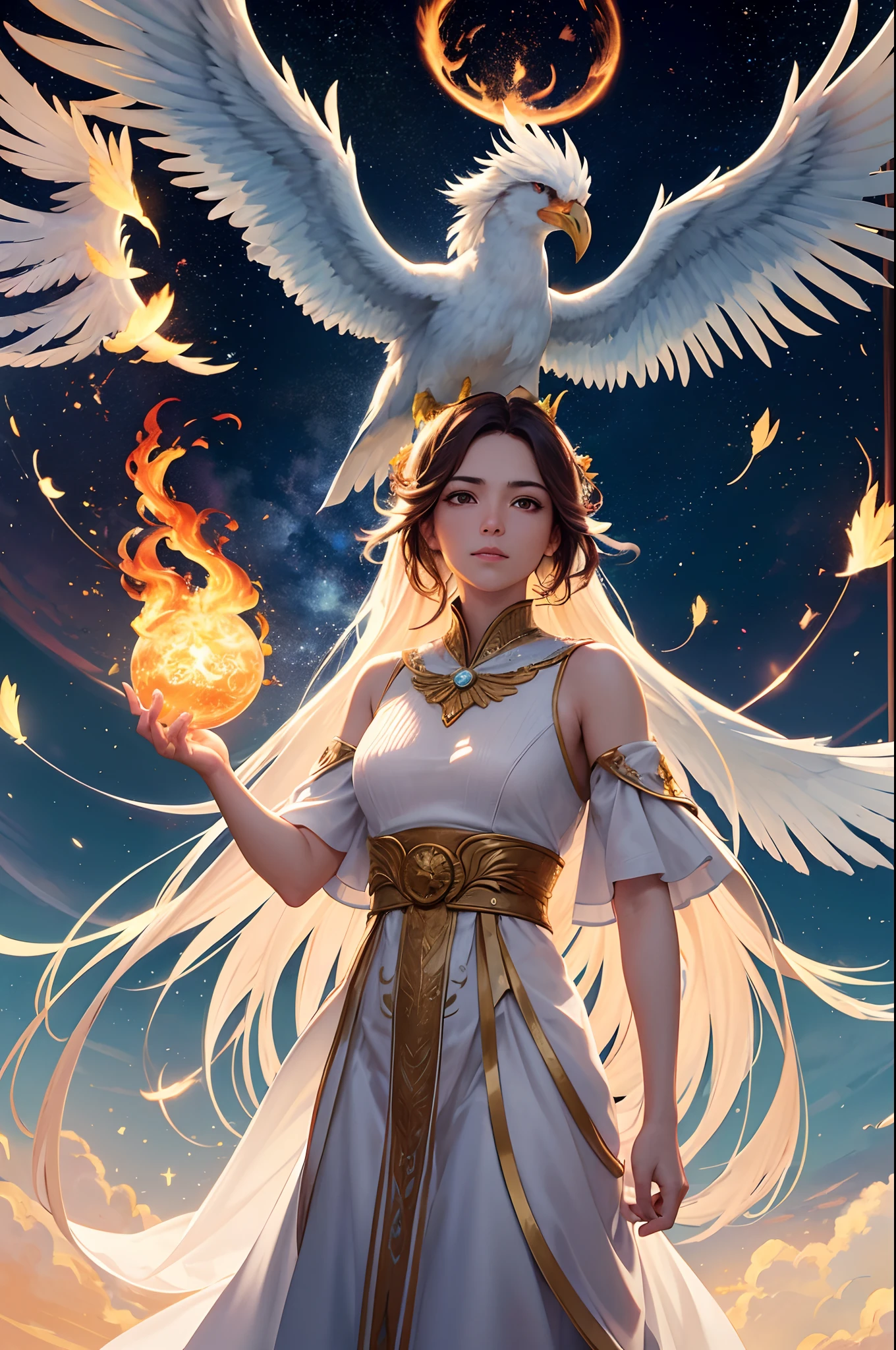 8k, Ultra Resolucion, (((foto realista))), fenix, fenix bird, big bird, fuego en todo el lugar, luz calida, luz solar, luz volumetrica, En el vasto lienzo del cielo estrellado, A celestial spectacle comes to life. A majestic phoenix, envuelto en llamas resplandecientes, surca con gracia los confines del universo. Each feather of the mythical bird burns with a unique intensity, Painting Fire Trails in the Celestial Dome.
The flames dance around the phoenix, Creating a cosmic ballet of light and warmth. A medida que el ave en llamas despliega sus alas, Draw ethereal lines in the sky, dejando a su paso una estela de chispas que titilan como estrellas fugaces. The glow of the phoenix illuminates the darkness of the night, revelando constelaciones que parecen rendir homenaje a su resplandor.
The flames that engulf the phoenix are not destructive, sino transformadoras, tejiendo un aura de renacimiento en cada pluma incandescente. En su vuelo ascendente, The Phoenix defies gravity with a unique grace, como si las llamas fueran un medio para elevarse hacia la eternidad.