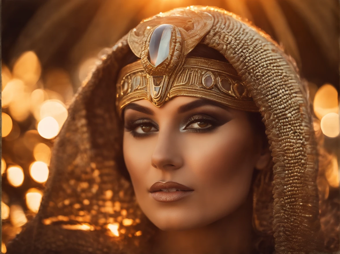 best quality, 1,5 light face, portrait of a beautiful woman i futuristic mask inspired by an ancient egypt mask, details, gold, silver, snake, transparent limestone, stones, scarab beetle, microchips. cabels, glow, beach, red warm sunset with palmtrees