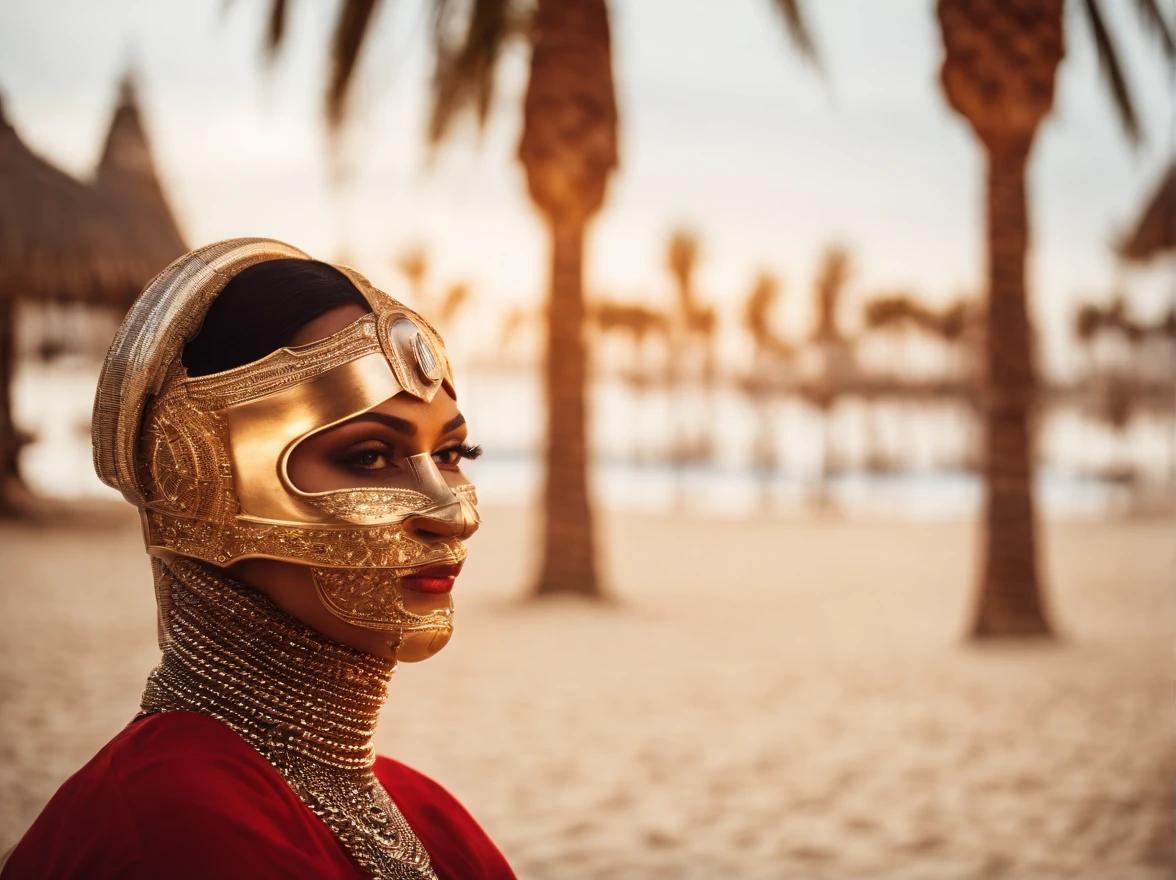best quality, 1,5 light face, portrait of a beautiful woman i futuristic mask inspired by an ancient egypt mask, details, gold, silver, snake, transparent limestone, stones, scarab beetle, microchips. cabels, glow, beach, red warm sunset with palmtrees