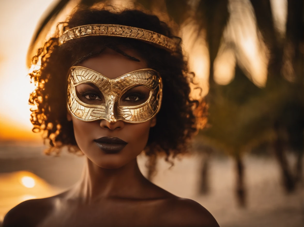 best quality, 1,5 light face, portrait of a beautiful woman i futuristic mask inspired by an ancient egypt mask, details, gold, silver, snake, transparent limestone, stones, scarab beetle, microchips. cabels, glow, beach, red warm sunset with palmtrees