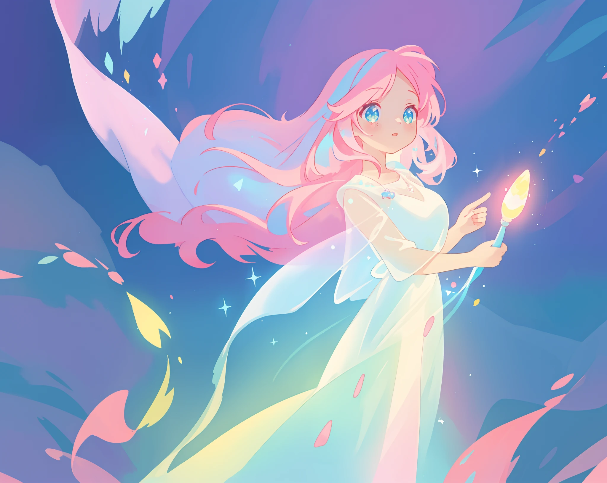 beautiful girl in glowing white dress, ((flowing white ballgown)), vibrant pastel colors, (colorful), magical lights, long flowing colorful pink hair, ((glowing aura around her)), flowing glowing hair, fantasia landscape background, whimsical, magical, fantasy, beautiful face, ((masterpiece, best quality)), intricate details, highly detailed, sharp focus, 8k resolution, sparkling detailed eyes, liquid watercolor