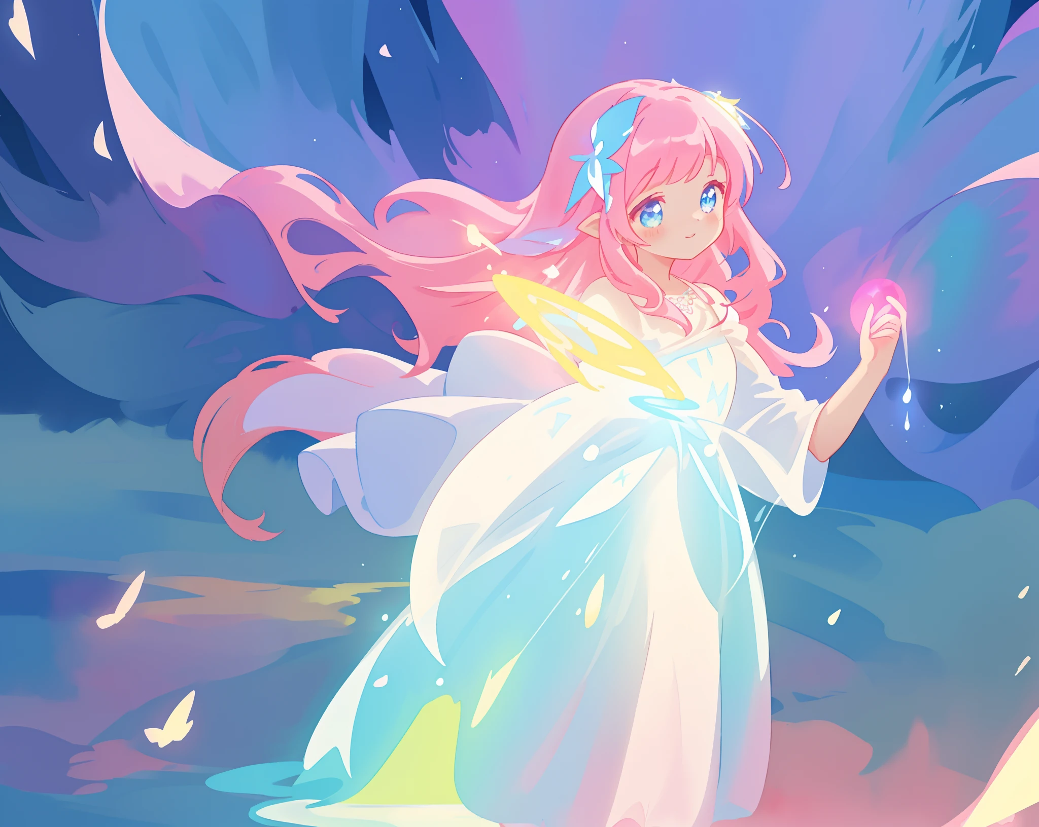 beautiful girl in glowing white dress, ((flowing white ballgown)), vibrant pastel colors, (colorful), magical lights, long flowing colorful pink hair, ((glowing aura around her)), flowing glowing hair, fantasia landscape background, whimsical, magical, fantasy, beautiful face, ((masterpiece, best quality)), intricate details, highly detailed, sharp focus, 8k resolution, sparkling detailed eyes, liquid watercolor