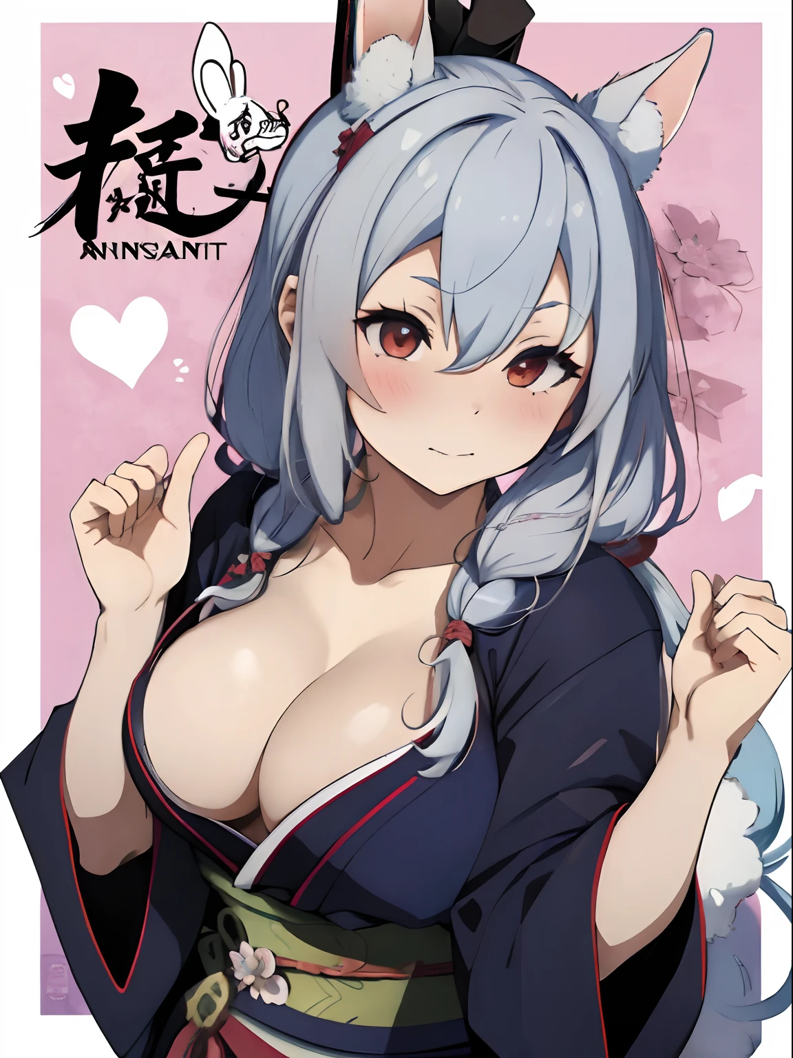 shinobi,ninjartist,Kunoichi,Strange thieves,Rabbit tail in rabbit ears,Ninja in kimono,Furisode,fluffy hair,Posing with an embarrassed face、I am holding the rabbit's ears with both hands,You can lean forward and see a little cleavage,