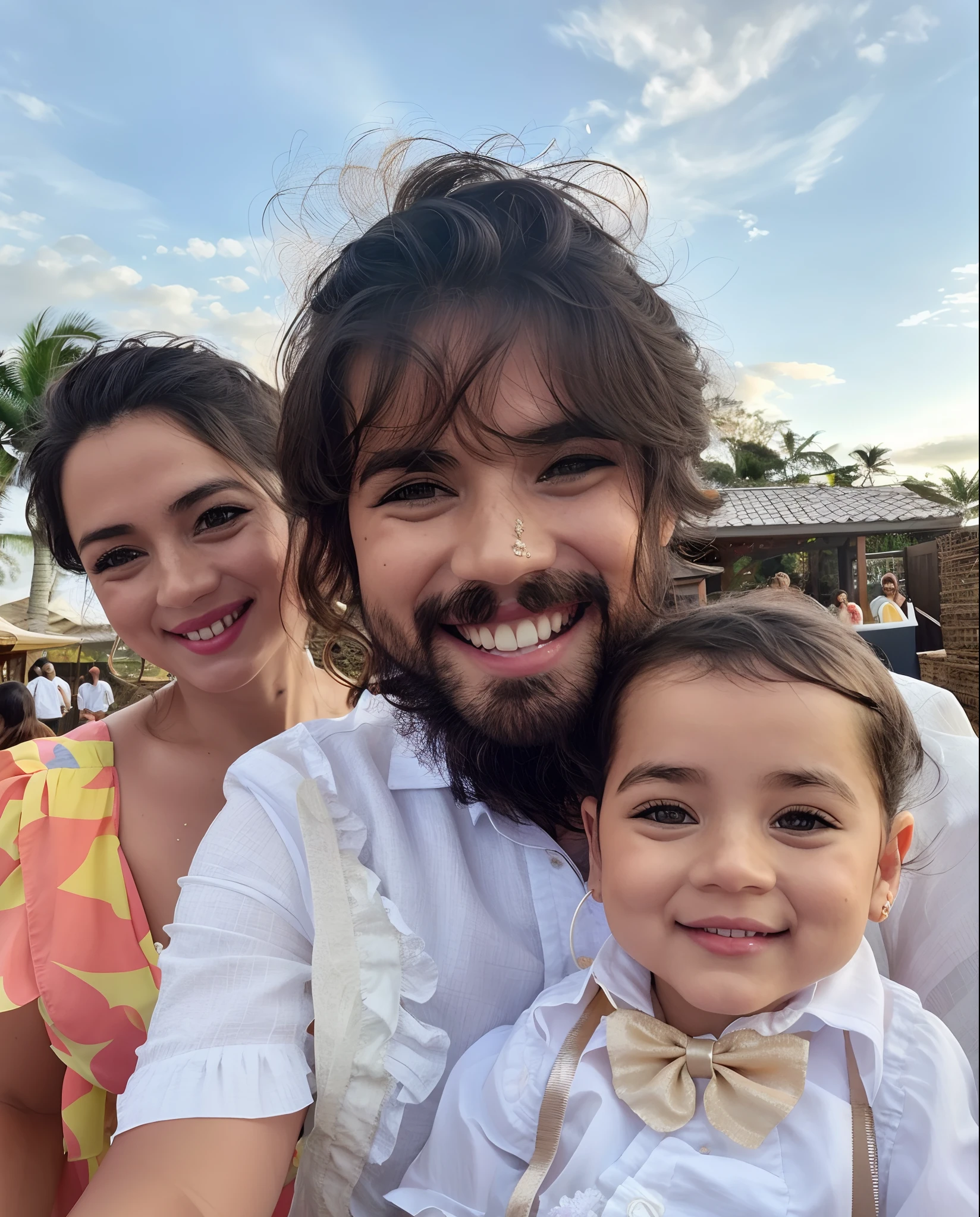 Araffes and a woman and baby are posing for a photo, marido esposa e filho. Mulher com cabelo cacheado preso, vestindo blusa amarela com flores alaranjada. homem com camisa branca , Messy hair and open smile. Smiling baby wearing white blouse with beige tie and suspenders. happy family. manga style art