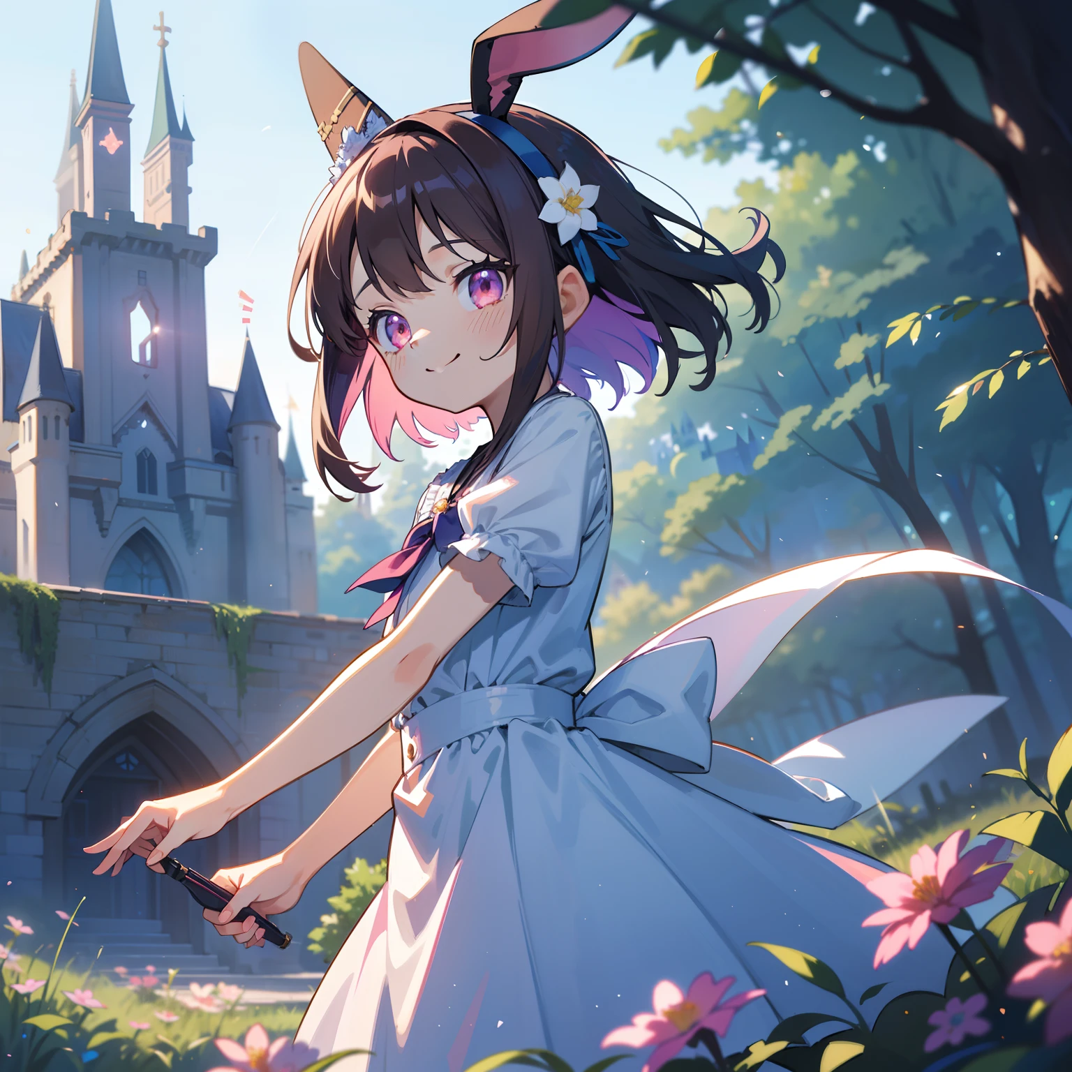 masutepiece,Best Quality,Colorful pastels in absurd high resolution, (Watercolor art: 1.3), (Selective Fairness: 1.4), BREAK, 1girl in, ( girl), Very detailed, colourfull, highest details, 1 beautiful girl, Solo,(Cute:1.5),(Chibi:0.8), (kawaii:1.5),(Lori:0.5),(girl, Cute, Cheerful, Loli face, slightly bulging chest),(A dark-haired,Disheveled short bob,tareme,Pink eyes:1.2),(sano,A smile,Bad face:1.2), (White rabbit ear headband:1.2),Shiny skin,Clear skin, Beautiful skin,(best quality face),(Top quality glowing eyes), BREAK ,(Vivid colors:1.3), ((Dark Brown Color Alice Band Ribbon)), Blue dress with white apron, Romper,(early evening),Walking, (Fantasy,castle and town:1.5),(castle town,Beautiful building:1.3),(a person々way of life),(Flowers, Trees, Nature:1.3),romantic,(shopping street,street vendors:1.2),(Blue sky), Waterfall,depth of fields, BREAK,wakame,wakame,wakame,(Dynamic Angle:1.4), BREAK,(Blurry background:1.3),(absurderes, hight resolution, Super Detail Art),cel shading,Clear Color, Lonely optical effect, Beautiful pictures, Bright glow, mystic atmosphere,(Close-up of girl:1.1), Mystical light particle effect,manga influence, clean line drawings,