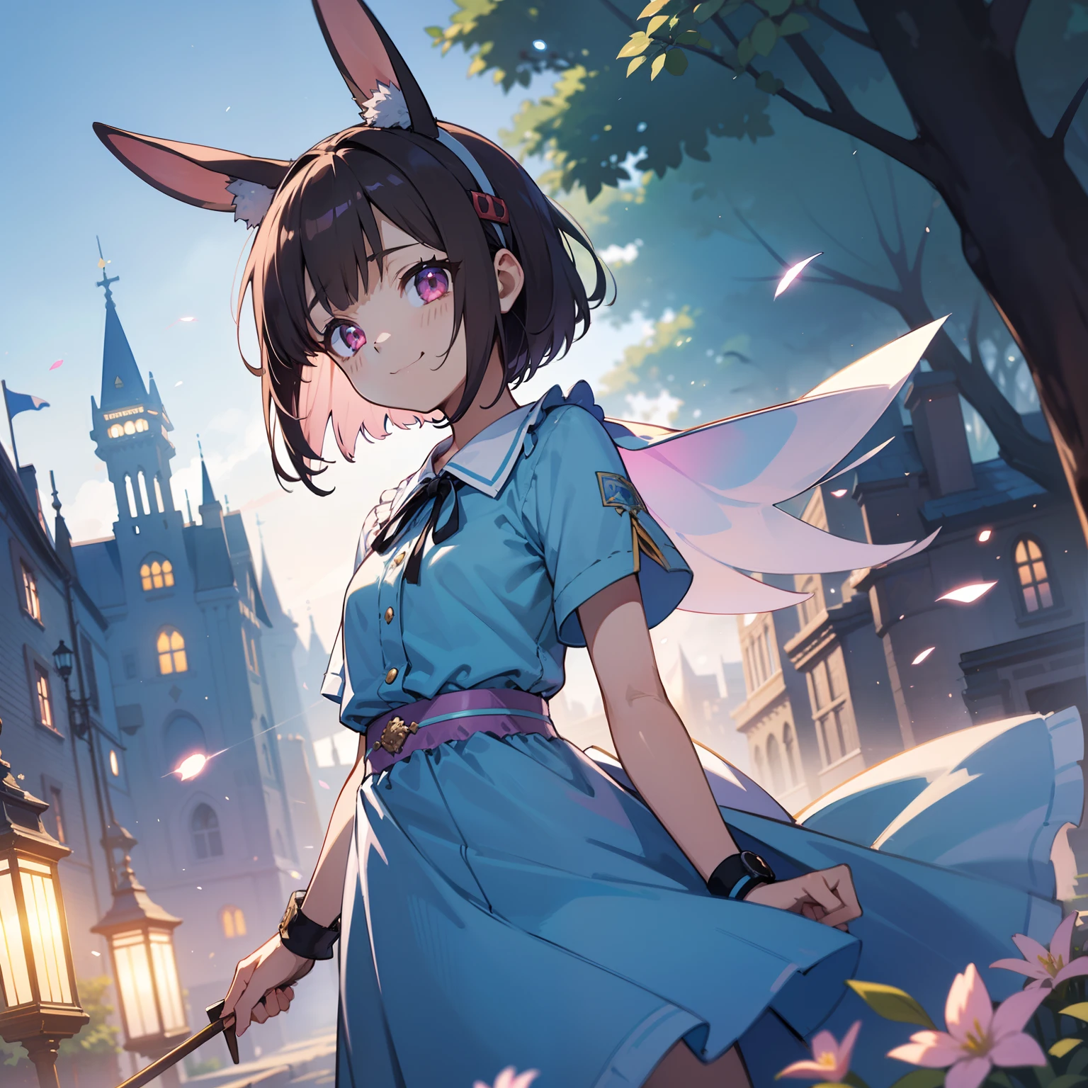 masutepiece,Best Quality,Colorful pastels in absurd high resolution, (Watercolor art: 1.3), (Selective Fairness: 1.4), BREAK, 1girl in, (17 years old girl), Very detailed, colourfull, highest details, 1 beautiful girl, Solo,(Cute:1.5),(Chibi:0.8), (kawaii:1.5),(Lori:0.5),(girl, Cute, Cheerful, Loli face, slightly bulging chest),(A dark-haired,Disheveled short bob,tareme,Pink eyes:1.2),(sano,A smile,Bad face:1.2), (White rabbit ear headband:1.2),Shiny skin,Clear skin, Beautiful skin,(best quality face),(Top quality glowing eyes), BREAK ,(Vivid colors:1.3), ((Dark Brown Color Alice Band Ribbon)), Blue dress with white apron, Romper,(early evening),Walking, (Fantasy,castle and town:1.5),(castle town,Beautiful building:1.3),(a person々way of life),(Flowers, Trees, Nature:1.3),romantic,(shopping street,street vendors:1.2),(Blue sky), Waterfall,depth of fields, BREAK,wakame,wakame,wakame,(Dynamic Angle:1.4), BREAK,(Blurry background:1.3),(absurderes, hight resolution, Super Detail Art),cel shading,Clear Color, Lonely optical effect, Beautiful pictures, Bright glow, mystic atmosphere,(Close-up of girl:1.1), Mystical light particle effect,manga influence, clean line drawings,