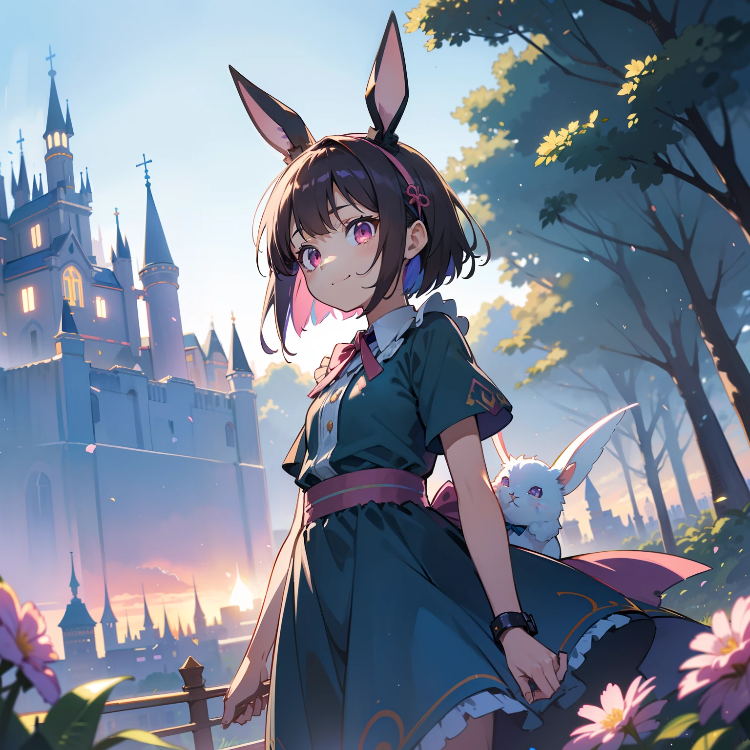 masutepiece,Best Quality,Colorful pastels in absurd high resolution, (Watercolor art: 1.3), (Selective Fairness: 1.4), BREAK, 1girl in, ( girl), Very detailed, colourfull, highest details, 1 beautiful girl, Solo,(Cute:1.5),(Chibi:0.8), (kawaii:1.5),(Lori:0.5),(girl, Cute, Cheerful, Loli face, slightly bulging chest),(A dark-haired,Disheveled short bob,tareme,Pink eyes:1.2),(sano,A smile,Bad face:1.2), (White rabbit ear headband:1.2),Shiny skin,Clear skin, Beautiful skin,(best quality face),(Top quality glowing eyes), BREAK ,(Vivid colors:1.3), ((Dark Brown Color Alice Band Ribbon)), Blue dress with white apron, Romper,(early evening),Walking, (Fantasy,castle and town:1.5),(castle town,Beautiful building:1.3),(a person々way of life),(Flowers, Trees, Nature:1.3),romantic,(shopping street,street vendors:1.2),(Blue sky), Waterfall,depth of fields, BREAK,wakame,wakame,wakame,(Dynamic Angle:1.4), BREAK,(Blurry background:1.3),(absurderes, hight resolution, Super Detail Art),cel shading,Clear Color, Lonely optical effect, Beautiful pictures, Bright glow, mystic atmosphere,(Close-up of girl:1.1), Mystical light particle effect,manga influence, clean line drawings,