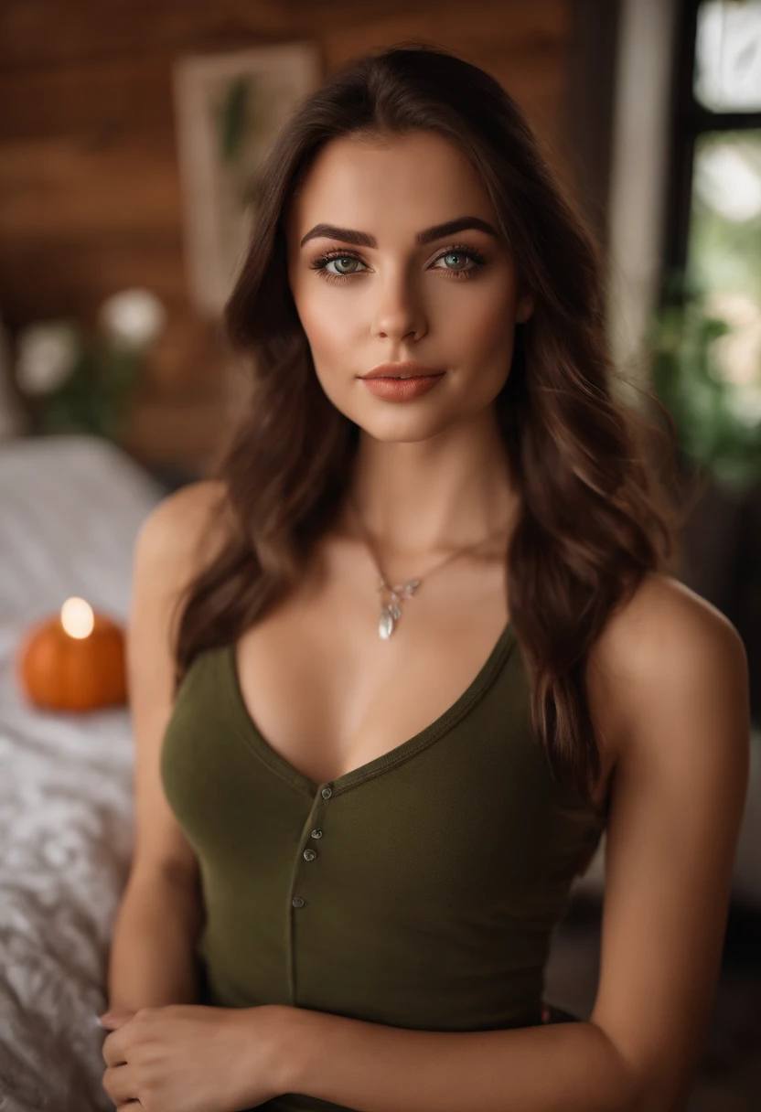 arafed woman with a red tank top and a necklace, sharing drinks with friends, sexy girl with green eyes, portrait sophie mudd, brown hair and large eyes, selfie of a young woman, bedroom eyes, violet myers, without makeup, natural makeup, looking directly at the camera, face with artgram, subtle makeup, stunning full body shot, piercing green eyes, beautiful angle, attractive pose, cute girl, brunette goddess, high detail, satisfied pose, wearing orange boots, skirt, small mole on the left side of her chest