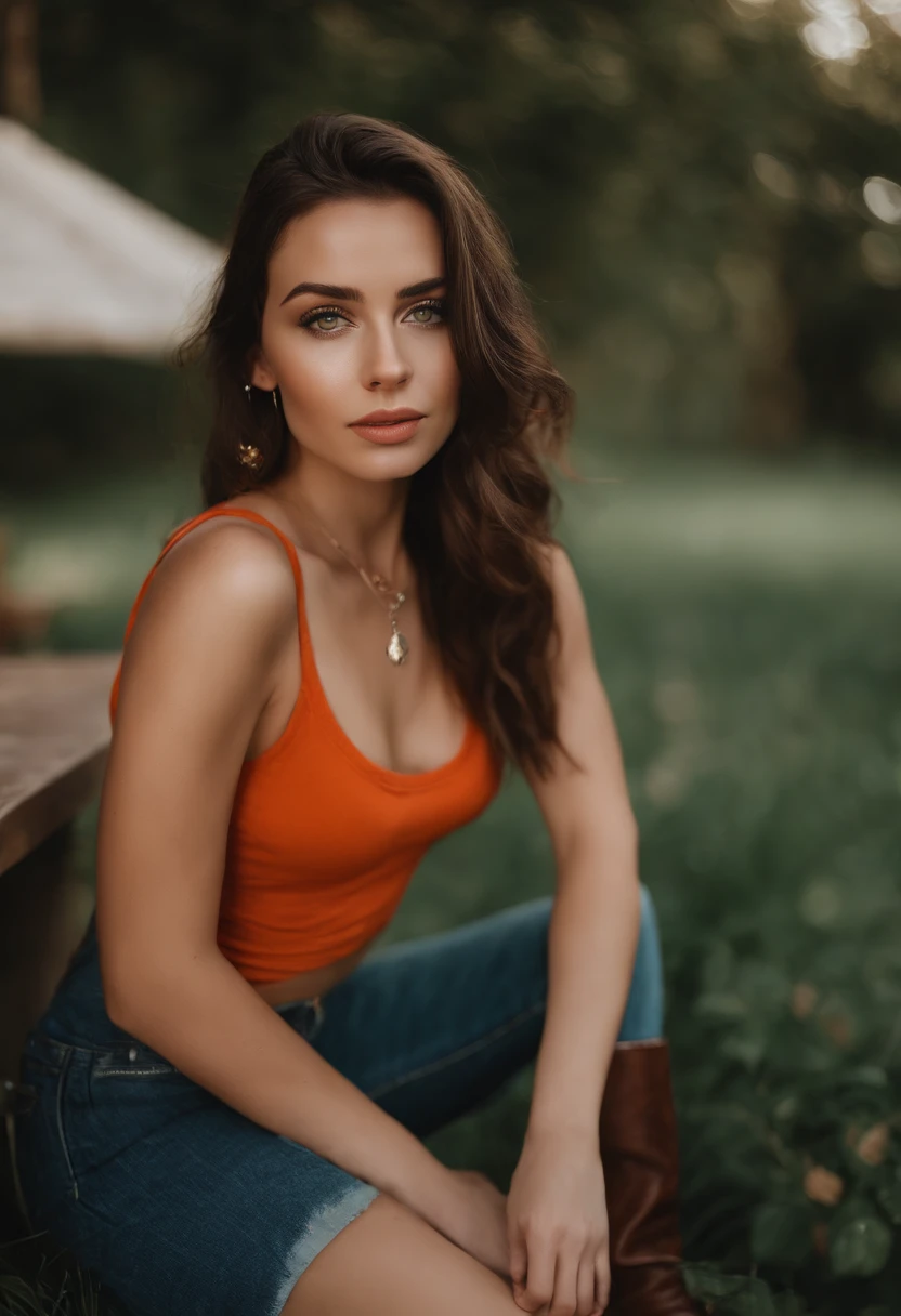 arafed woman with a red tank top and a necklace, sharing drinks with friends, sexy girl with green eyes, portrait sophie mudd, brown hair and large eyes, selfie of a young woman, bedroom eyes, violet myers, without makeup, natural makeup, looking directly at the camera, face with artgram, subtle makeup, stunning full body shot, piercing green eyes, beautiful angle, attractive pose, cute girl, brunette goddess, high detail, satisfied pose, wearing orange boots, skirt, small mole on the left side of her chest