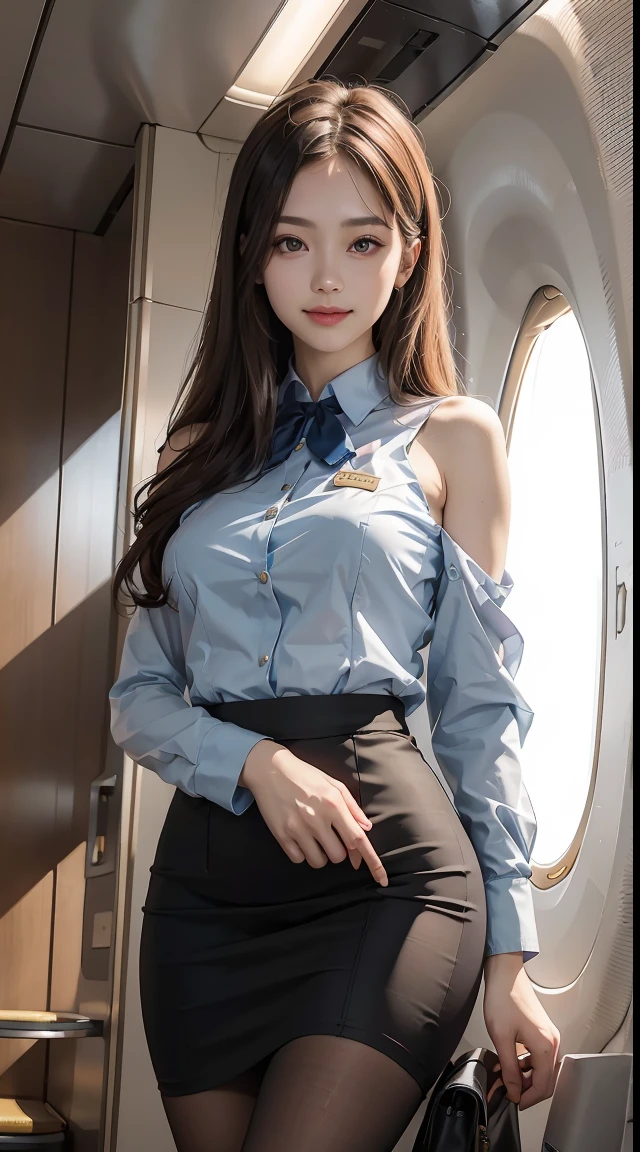 （From the outside） ， Many colors，best qualtiy，8K，Real Photographics，Delicate skin details，tmasterpiece，photos realistic，intricate-detail，RAW photogr,in an airplane，ssmile，florals，Stewardess，sockes,extra long hair，cropped shoulders，delicated face，Hainan Airlines，Professional attire of flight attendants，Manteau，skirt by the，ornamented，Perfect Finger，Dissection is correct，(Large room，0.8)，Big Cuby hips，shiny skins，Shooting from front、smil、a smile