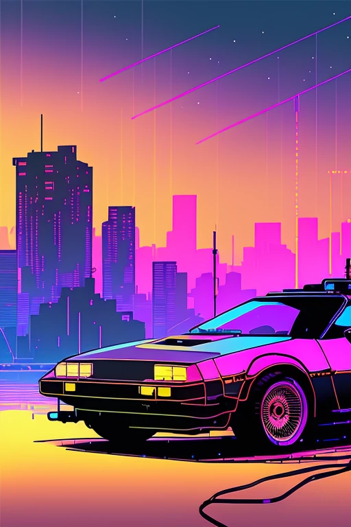 (nvinkpunk:1.2) synthwave punk style delorean, lightwave, sunset, intricate, highly detailed