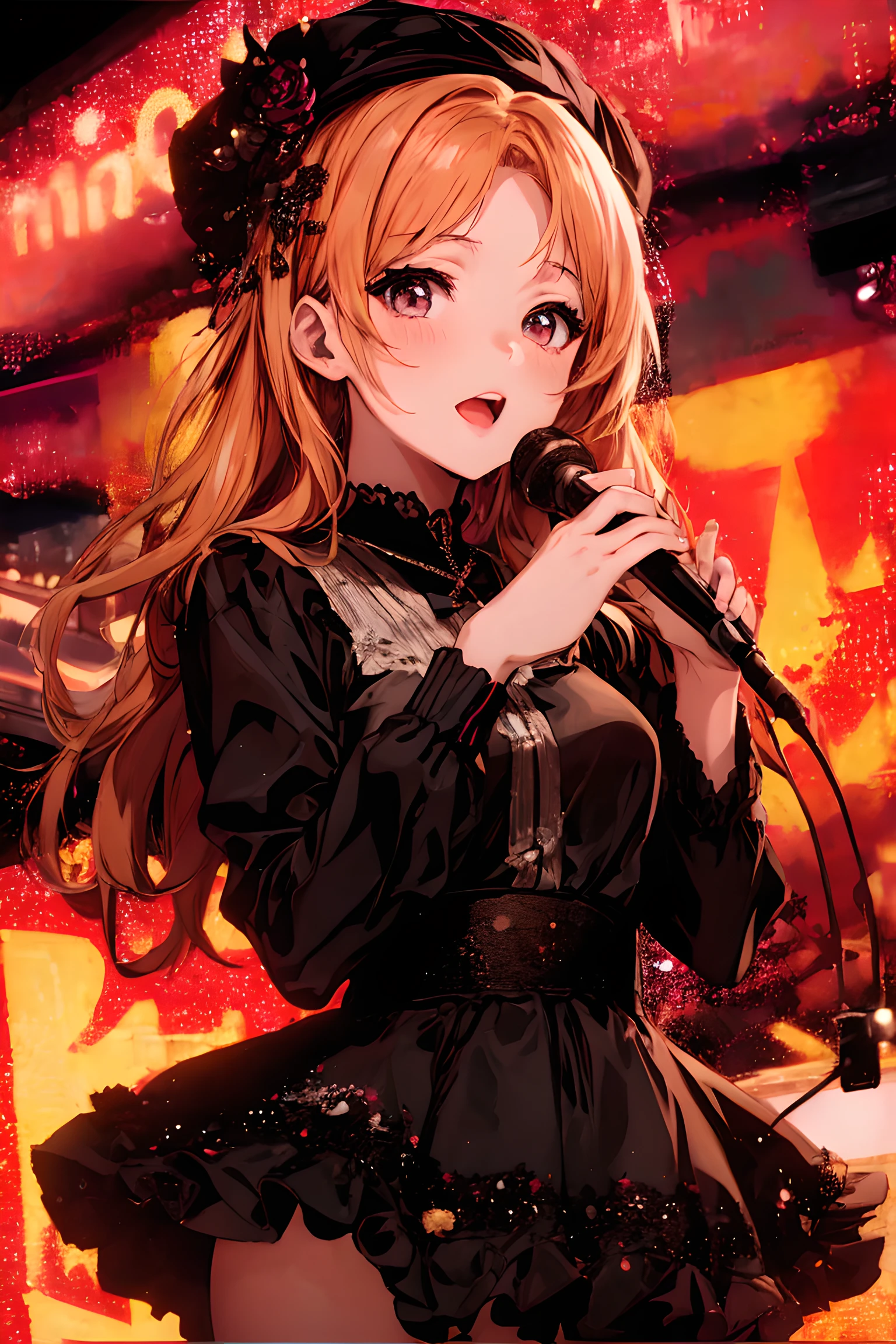 A extremely pretty and beautiful K-pop female singer, singing at live stage on gondola,
BREAK,
Close-up of face, singing scene, dress scene, looking the viewer,
BREAK,
Represent singer in bright colors, Represent singer dress in colorful colors, Represent singer's singing voice in warm colors
