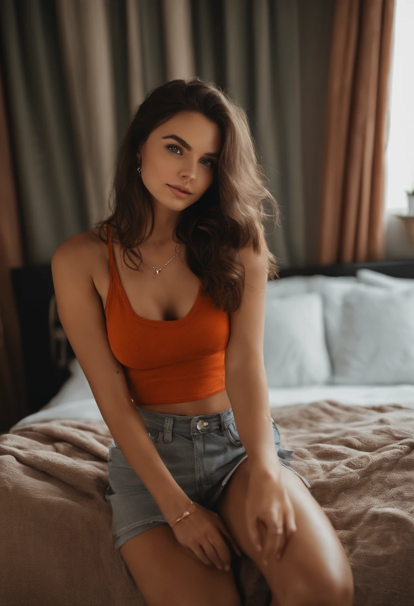 Healthy woman with a red tank top and a necklace, sharing drinks with friends, sexy girl with green eyes, portrait sophie mudd, brown hair and large eyes, selfie of a young woman, bedroom eyes, violet myers, without makeup, natural makeup, looking directly at the camera, face with artgram, subtle makeup, stunning full body shot, piercing green eyes, beautiful angle, attractive pose, cute girl, brunette goddess, high detail, satisfied pose, wearing orange boots, skirt, small mole on the left side of her chest
