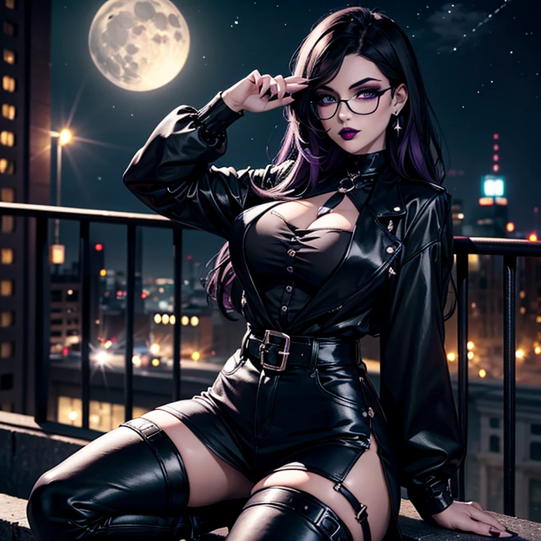 one girl, Black Trousers,  Black Top , Gothic Style, Black Boots, Glasses, Black Stockings, Dark and Purple Hair , Eyes Shadows ++ , Darker Lips + , Gothic make-up, (Best quality:1.1), (Masterpiece:1.4), 1fille, (cheveux volumineux)+ , cheveux longs , (Yeux Bleux) , gros seins , (Large, dark lips)+ , peau brillante, starry night,  Urban Scene ,Neons Light, Stary Sky , Full Moon