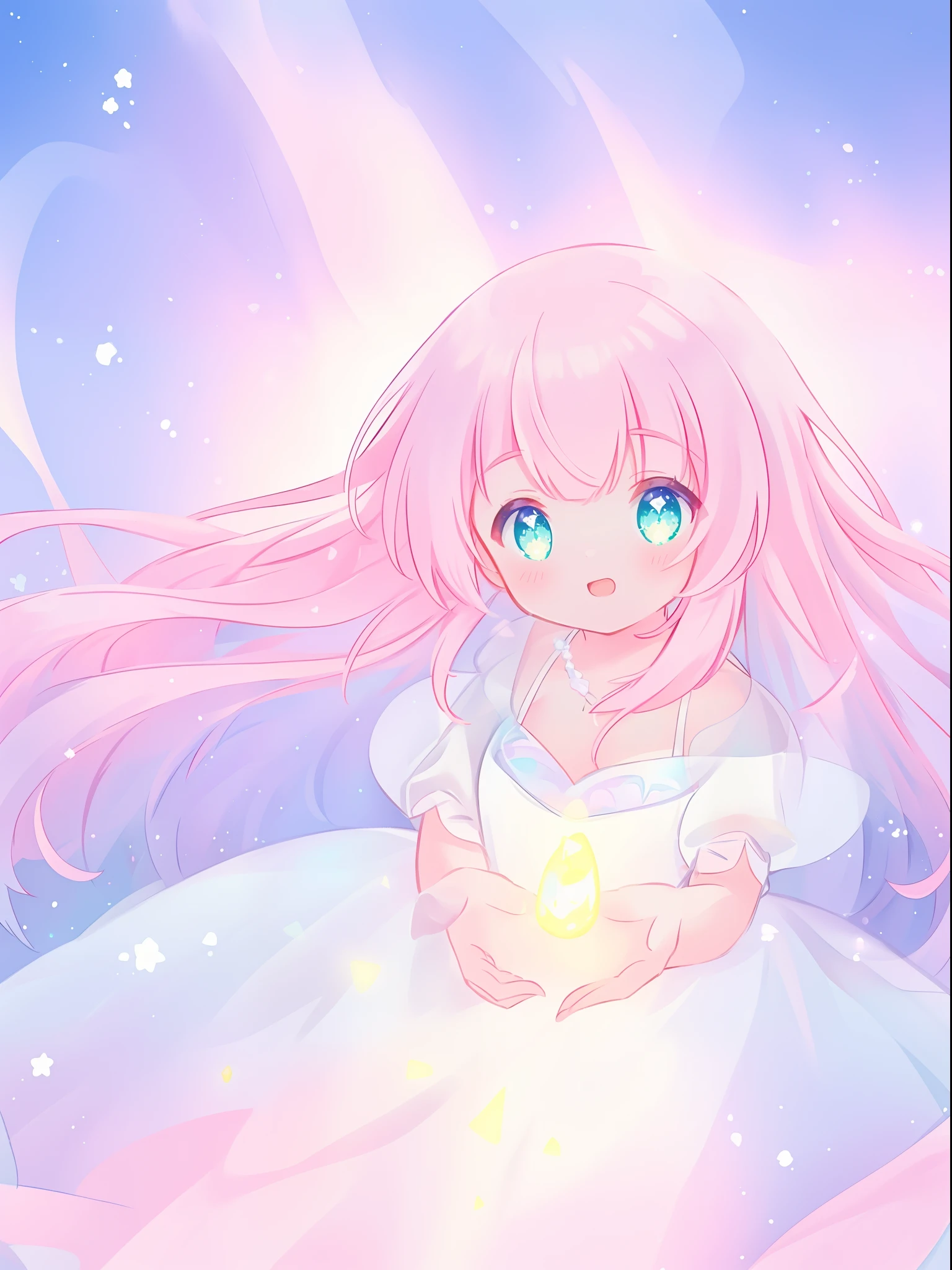beautiful girl in glowing white dress, ((flowing white ballgown)), vibrant pastel colors, (colorful), magical lights, long flowing colorful pink hair, ((glowing aura around her)), flowing glowing hair, fantasia landscape background, whimsical, magical, fantasy, beautiful face, ((masterpiece, best quality)), intricate details, highly detailed, sharp focus, 8k resolution, sparkling detailed eyes, liquid watercolor