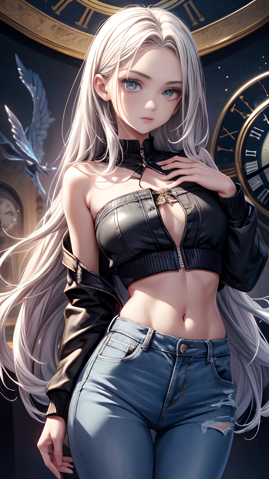 tmasterpiece，the detail，1girll，picture-perfect face，exquisite facial features，sliver long hair，Bandeau，jaket，denim pant，Handsome expression，Unreal background，Clock background，Ethereal clock，Only the time scale and the hands，Luminescent indexes and hands，anatomy correct，4K