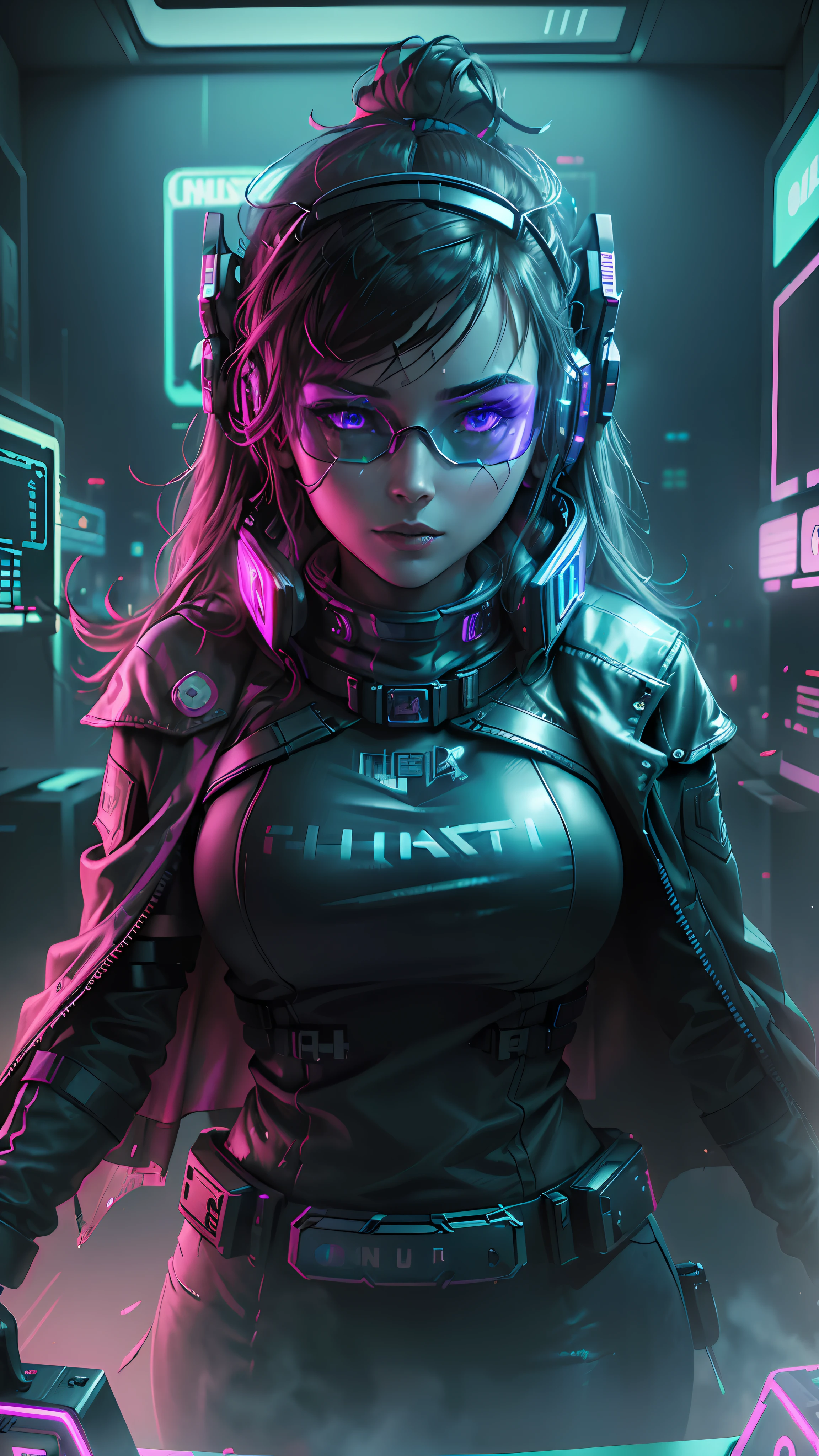 ((Best quality)), ((masterpiece)), (highly detailed:1.3), 3D,NeonNoir, beautiful cyberpunk woman,(wearing head-mounted display that is chunky and hi-tech:1.2),wearing a cape,hacking a computer terminal,PURPLE NEON LIGHT FROM MONITOR, GREEN NEON SIGNS ON THE WALL,