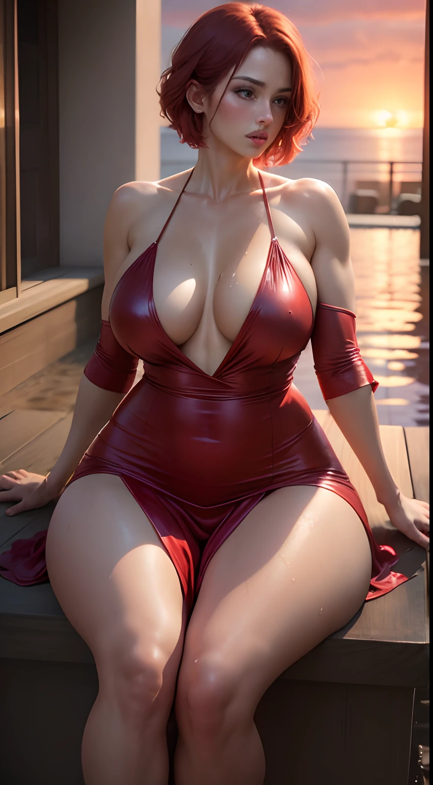 (Best quality, 4k, Masterpiece :1.3), beautiful woman, hyper realistic, 1girl, ((turned back looking sunset)), (drooping breasts, attractive body :1.2), sit-ups :1.1, short red hair: 1.1, (wet rainy, wet by rain, wet body :1.2), ultra-detailed face, detailed lips, detailed eyes, double eyelid, sensual low-necked dress, open neckline, hanging breasts, side pose, visible curves, pool party, poolside, red transparent robe, sunglasses, muscular turned leg