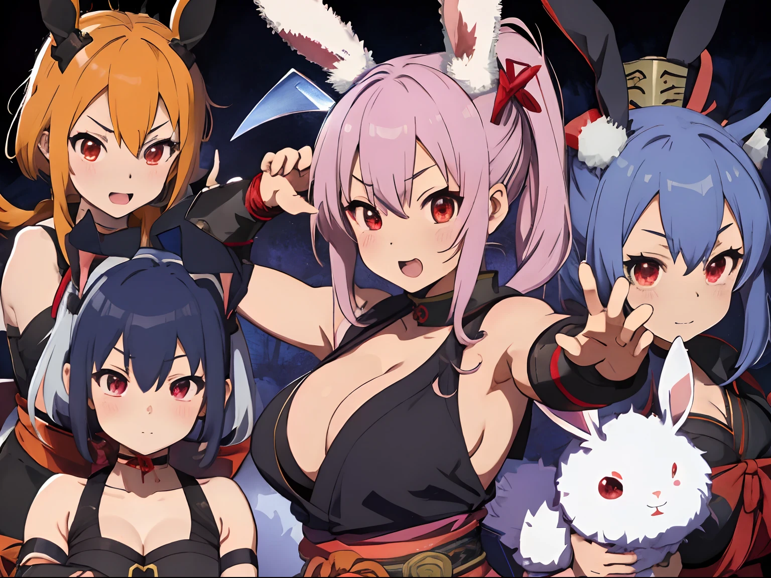shinobi,ninjartist,Kunoichi,Strange thieves,Rabbit Ears and Dragon Horns Duo,Komono,Furisode,fluffy hair,Posing with an embarrassed face,Cool Sentai Hero Pose,You can lean forward and see a little cleavage,