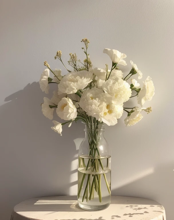 dried flower、White vase、Soft light、Rim Lights、beautiful shadow、lowkey、(Photorealsitic、Raw foto:1.2)、(natural skin textures、realistic eyes and face details)、Hyper-Realism、超A high resolution、4K、top-quality、white walls、