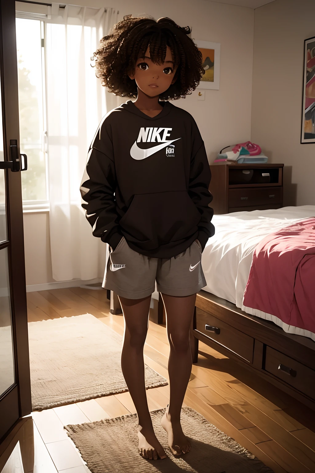 girl, brown skin, curly hair, sweatshirt nike, barefoot, shorts, in bedroom