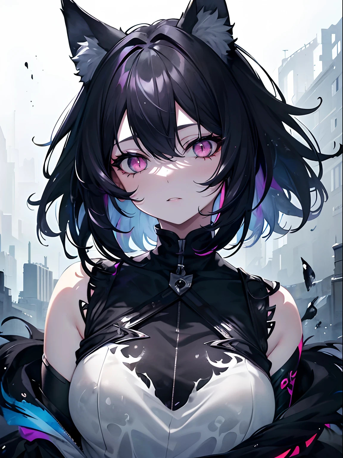(masterpiece,best quality,ultra-detailed),1girl, dark black hair,intense colored hair, messy hair, thick hair,short hair,wolf ears,beautiful and detailed face, detailed eyes,looking at viewer, multicolored eyes,((grey theme),pale skin,glowing eyes,black fur,((aquarelle)),