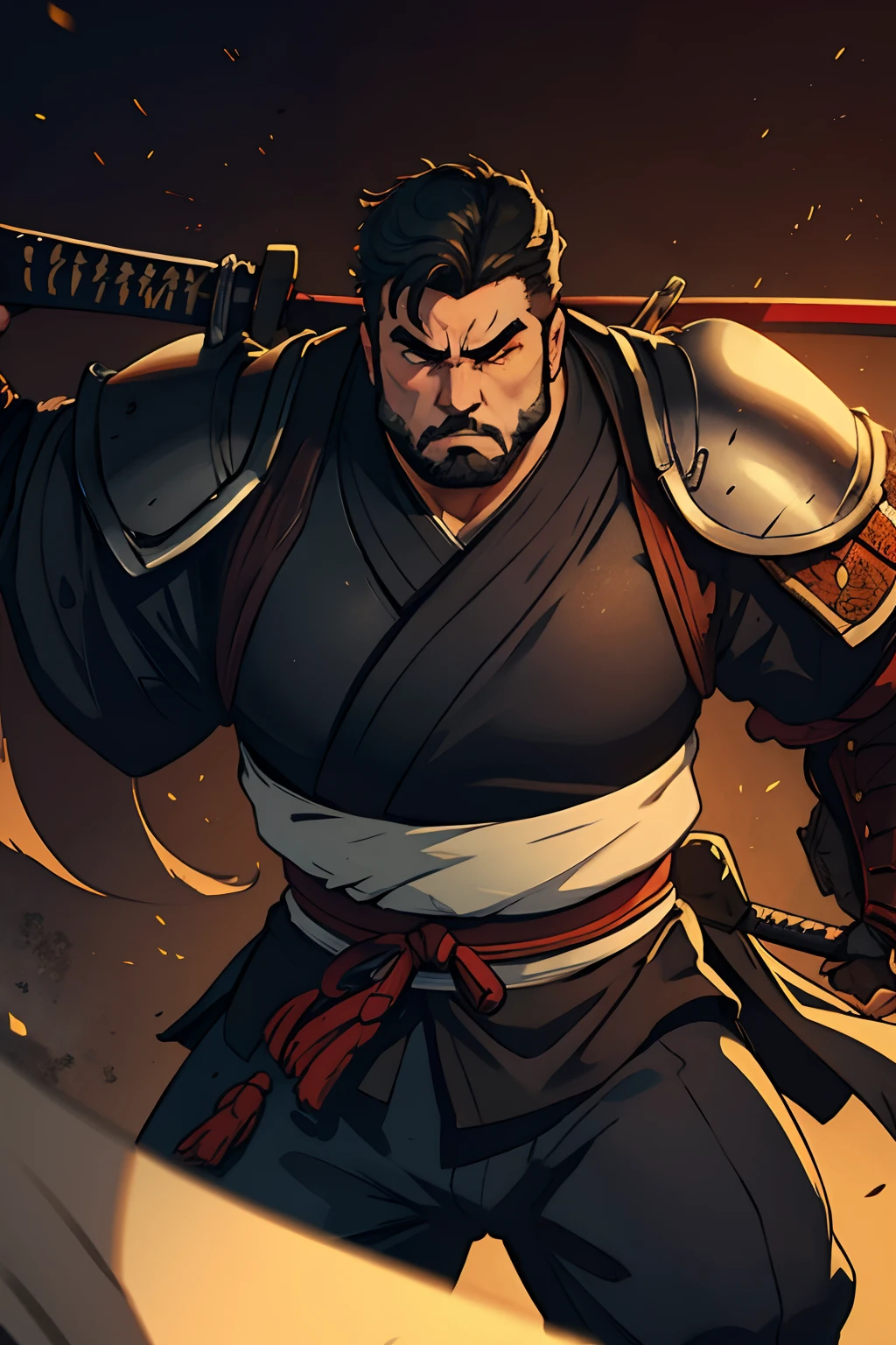 Fat and serious man, forte, Classic Samurai Armor, realismo