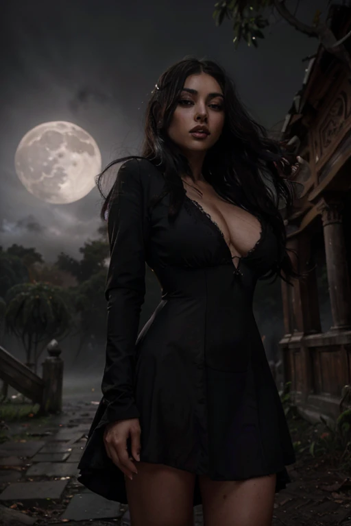 hermosa mujer vampiro vestida con un vestido victoriano, de cuerpo entero con ojeras, corre desesperada En un bosque tenebroso, The night is shrouded in a dense fog and the moon is full, terror , horror, roto, distorsionado, cielo, niebla, humo, polvo, templo en ruinas, miedo, Grim creatures, obra maestra, ultra-high-resolution, alta calidad, cinematography lighting, luna llena