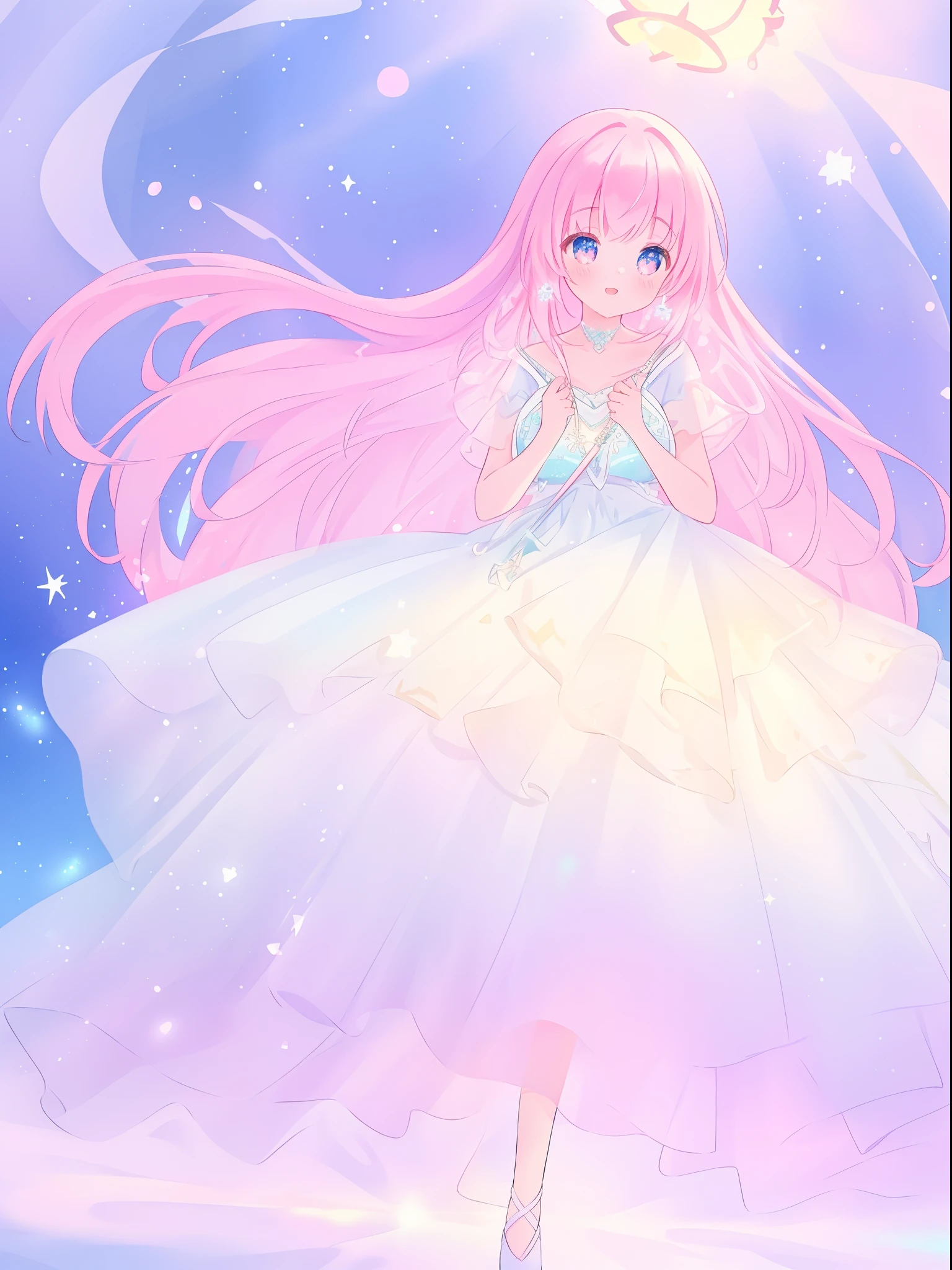 beautiful girl in glowing white dress, ((flowing white ballgown)), vibrant pastel colors, (colorful), magical lights, long flowing colorful pink hair, ((glowing aura around her)), flowing glowing hair, fantasia landscape background, whimsical, magical, fantasy, beautiful face, ((masterpiece, best quality)), intricate details, highly detailed, sharp focus, 8k resolution, sparkling detailed eyes, liquid watercolor