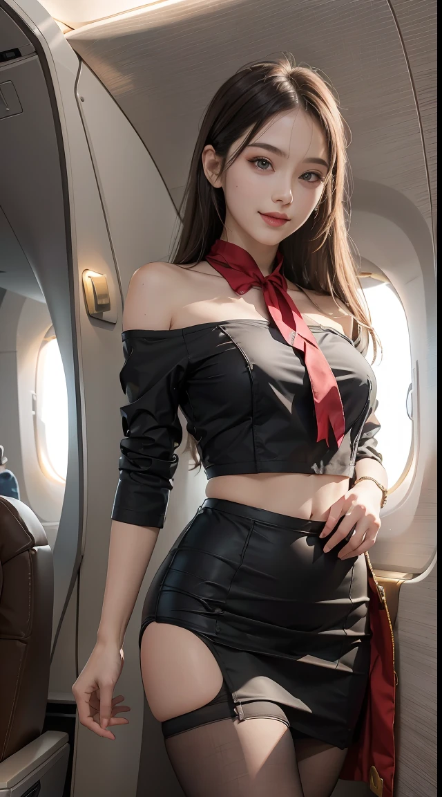 （From the outside） ， Many colors，best qualtiy，8K，Real Photographics，Delicate skin details，tmasterpiece，photos realistic，intricate-detail，RAW photogr,in an airplane，ssmile，florals，Stewardess，sockes,extra long hair，cropped shoulders，delicated face，Hainan Airlines，Professional attire of flight attendants，Manteau，skirt by the，ornamented，Perfect Finger，Dissection is correct，(Large room，0.8)，Big Cuby hips，shiny skins，Shooting from front、smil、A smile