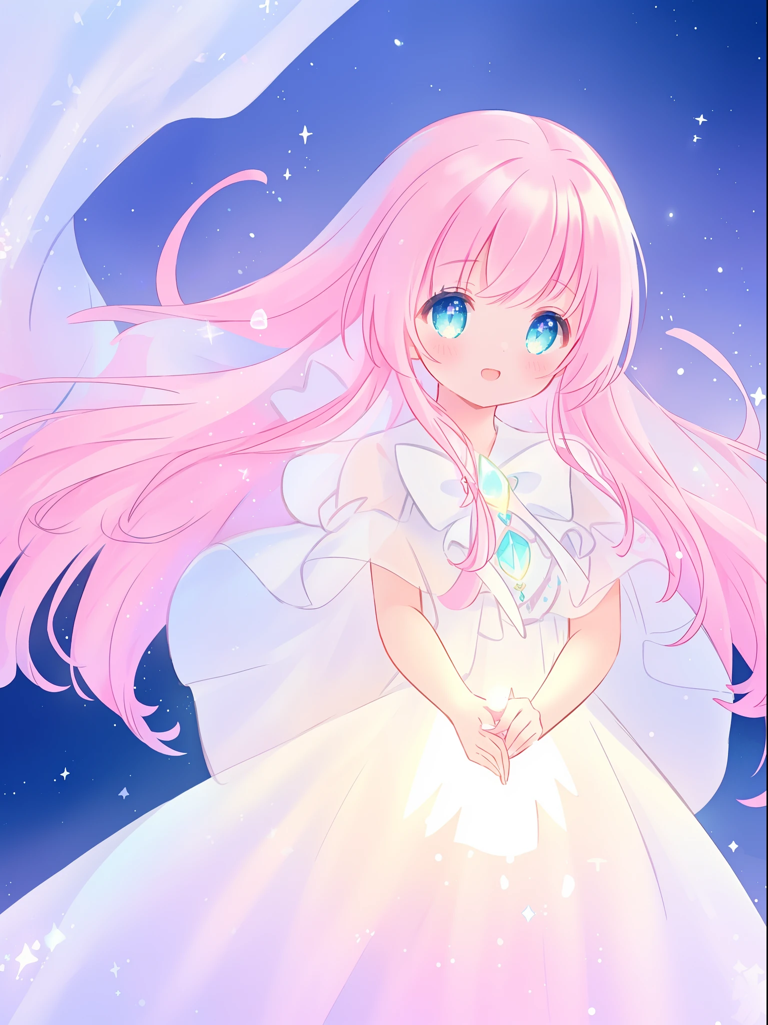 beautiful girl in glowing white dress, ((flowing white ballgown)), vibrant pastel colors, (colorful), magical lights, long flowing colorful pink hair, ((glowing aura around her)), flowing glowing hair, fantasia landscape background, whimsical, magical, fantasy, beautiful face, ((masterpiece, best quality)), intricate details, highly detailed, sharp focus, 8k resolution, sparkling detailed eyes, liquid watercolor