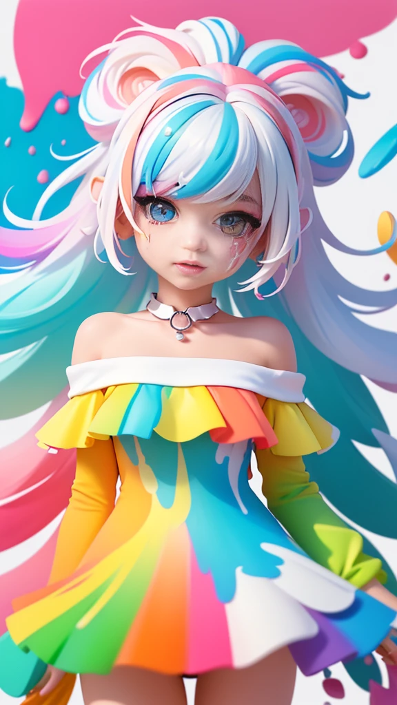 (Pink Fashion T-shirt:1.9),(Colorful hair: 1.8), (all the colours of the rainbow: 1.8),(((((vertical painting:1.6))), (painting:1.6),front, comics, illustrations, paintings, large eyes, crystal clear eyes,( rainbow color gradient high ponytail:1.7), exquisite makeup, closed mouth,(Small Fresh: 1.5),(Wipe Chest: 1.6) ,long eyelashes, white off shoulder T-shirt, White Shoulder Shirt,looking at the audience, large watery eyes, (rainbow colored hair:1.6), color splash, (solo:1.8), color splash, color explosion, thick paint style, messy lines, ((shining)),(colorful), (colorful), (colorful), colorful, Thick Paint Style, (Splash) (Color Splash), Vertical Painting, Upper Body, Paint Splash, Acrylic Pigment, Gradient, Paint, Highest Image Quality, Highest Quality, Masterpiece, Solo, Depth of Field, Face Paint, colorful clothes, (Elegant: 1.2), gorgeous,long hair, wind, (Elegant: 1.3), (Petals: 1.4),(((masterpiece))),(((best quality))),((ultra-detailed)),(illustration),(dynamic angle),((floating)),(paint),((disheveled hair)),(solo),(1girl) , (((detailed anima face))),((beautiful detailed face)),collar,bare shoulders,white hair, ((colorful hair)),((streaked hair)),beautiful detailed eyes,(Gradient color eyes),(((colorful eyes))),(((colorful background))),(((high saturation))),(((surrounded by colorful splashes))),